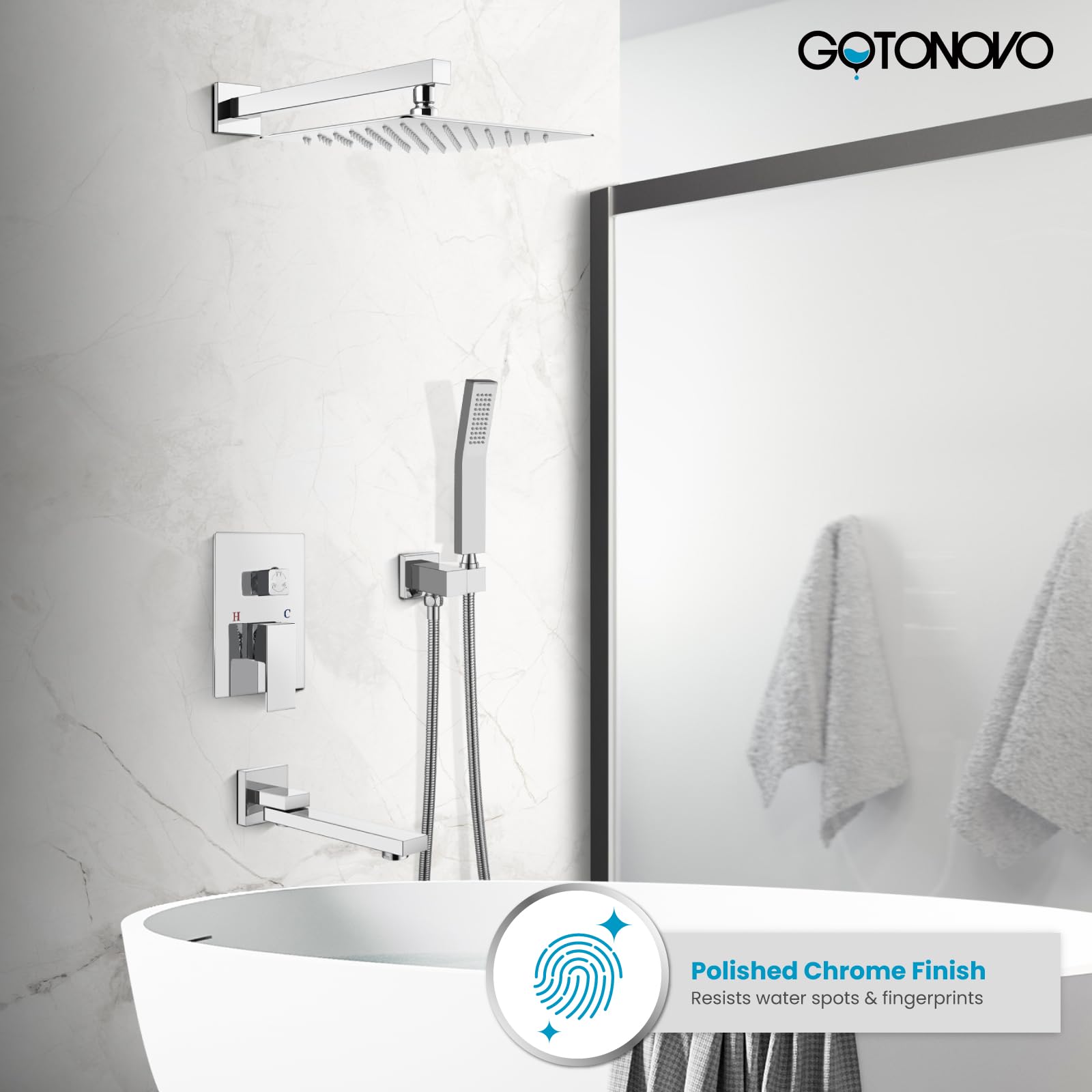 Gotonovo Luxury 3-Function Wall Mount Rainfall Shower System - 10 Inch High Pressure Shower Head with Tub Spout, Polished Chrome Finish, Rough-in Valve & Trim Included - Perfect for Modern Bathroom & Spa Experience