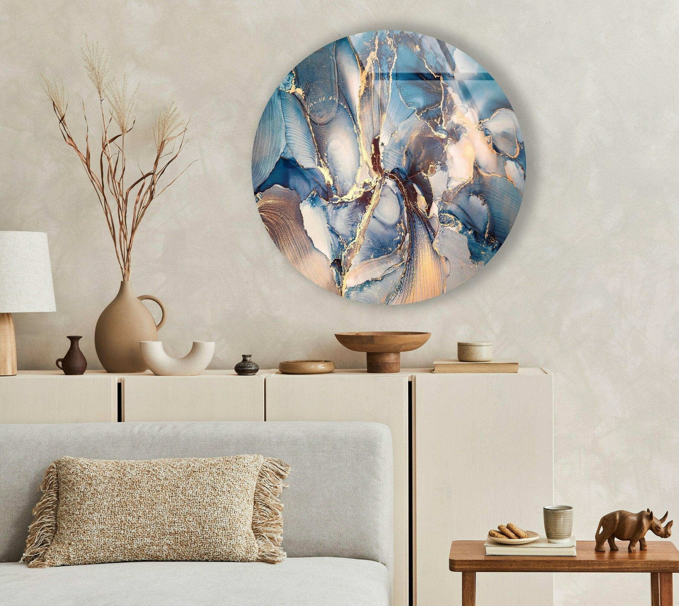 Blue Marble Pattern Round Glass Wall Art - Elegant Home Decor for Living Room, Bedroom & Office - Perfect for Modern & Contemporary Interior Design