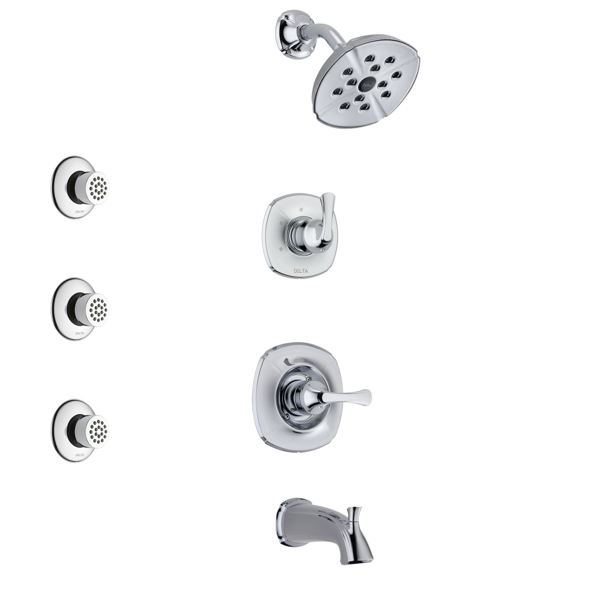 Delta Addison Chrome Finish Tub and Shower System with 3-Setting Diverter, Showerhead & Body Sprays - SS144921 | Modern Bathroom Upgrade for Spa-Like Experience