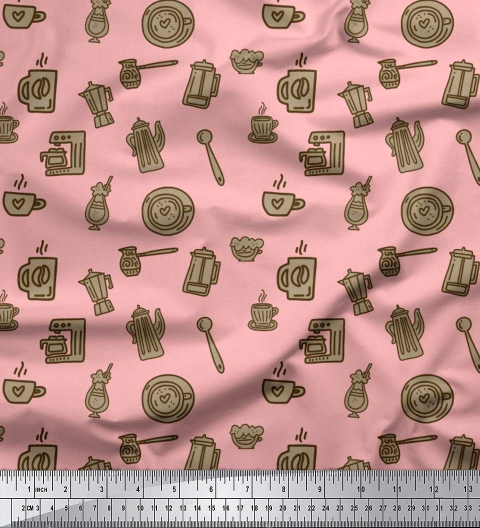 Soimoi Pink Cotton Jersey Fabric - 58 Inch Wide Printed Fabric for DIY Crafts, Quilting, Sewing & Home Decor | Coffee & Tea Themed Design for Kitchen Accessories, Aprons, Curtains