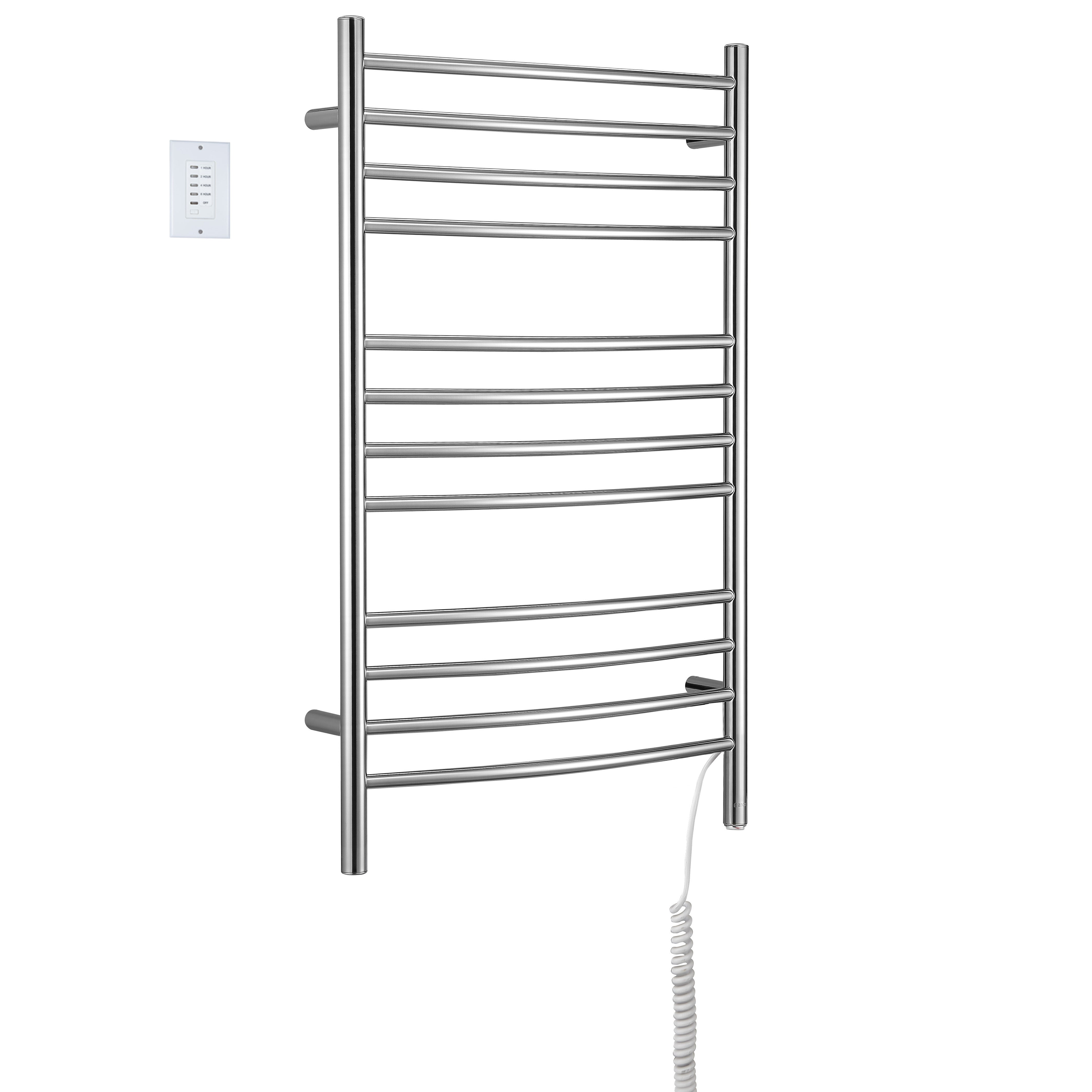Lustra Dual 12 Curved Bar Towel Warmer - Hardwired & Plug-in Polished Stainless Steel with Countdown Timer - Perfect for Bathrooms, Spas & Luxury Home Heating