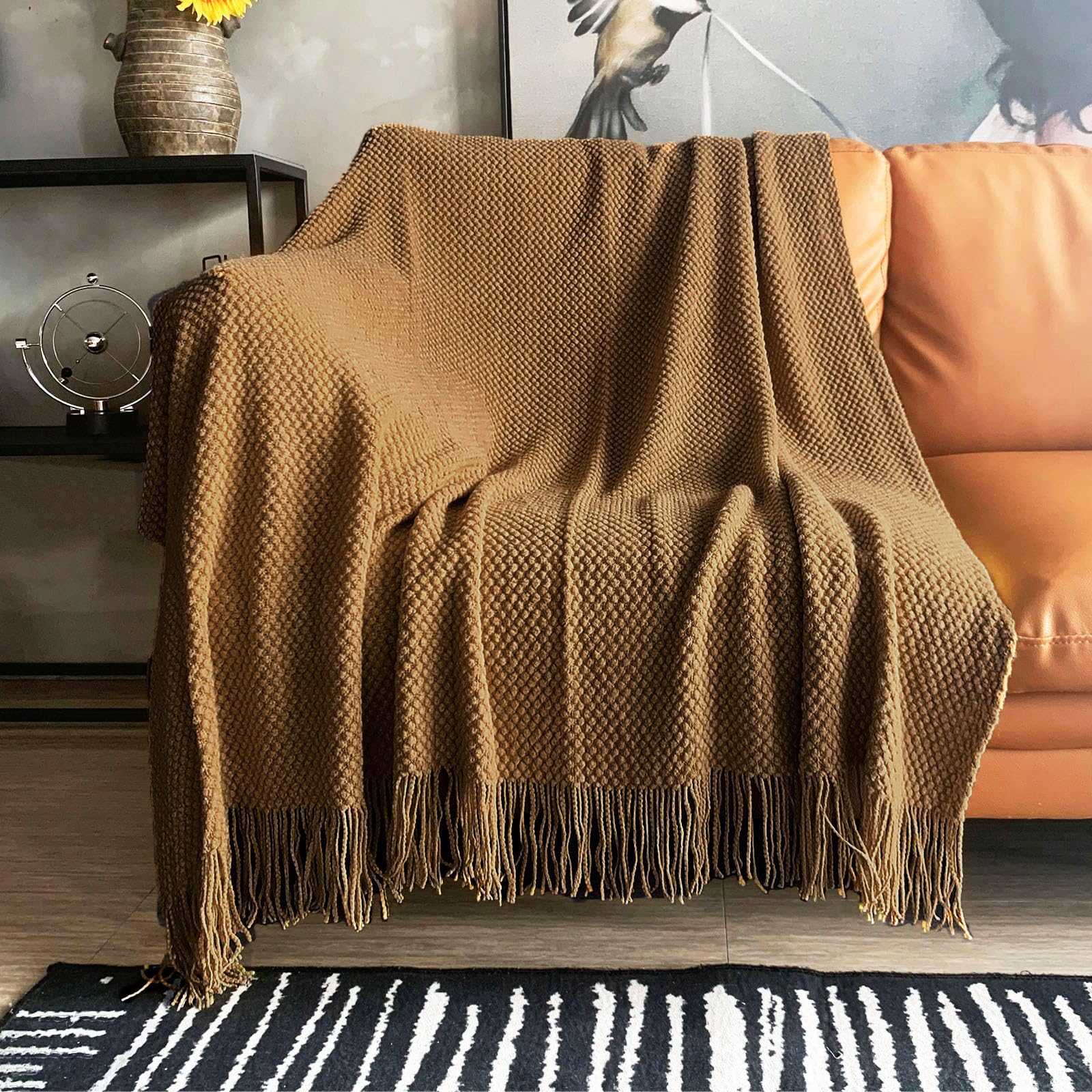LOMAO Knitted Throw Blanket with Tassels - Soft Bubble Textured Lightweight Blanket for Sofa, Bed & Couch - Perfect for Home Decor, Living Room & Gift (Khaki, 60x80 Inches) - Cozy for Winter Nights, Movie Time & Relaxation