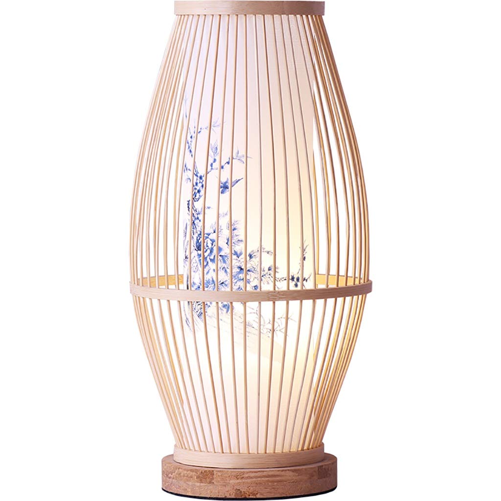 Japanese Zen Style Bedside Reading Table Lamp - 44CM Bamboo Lamp Body & Creative Painting Lampshade for Bedroom, B&B, Tea Room Decoration, Meditation Space, and Relaxation Corner