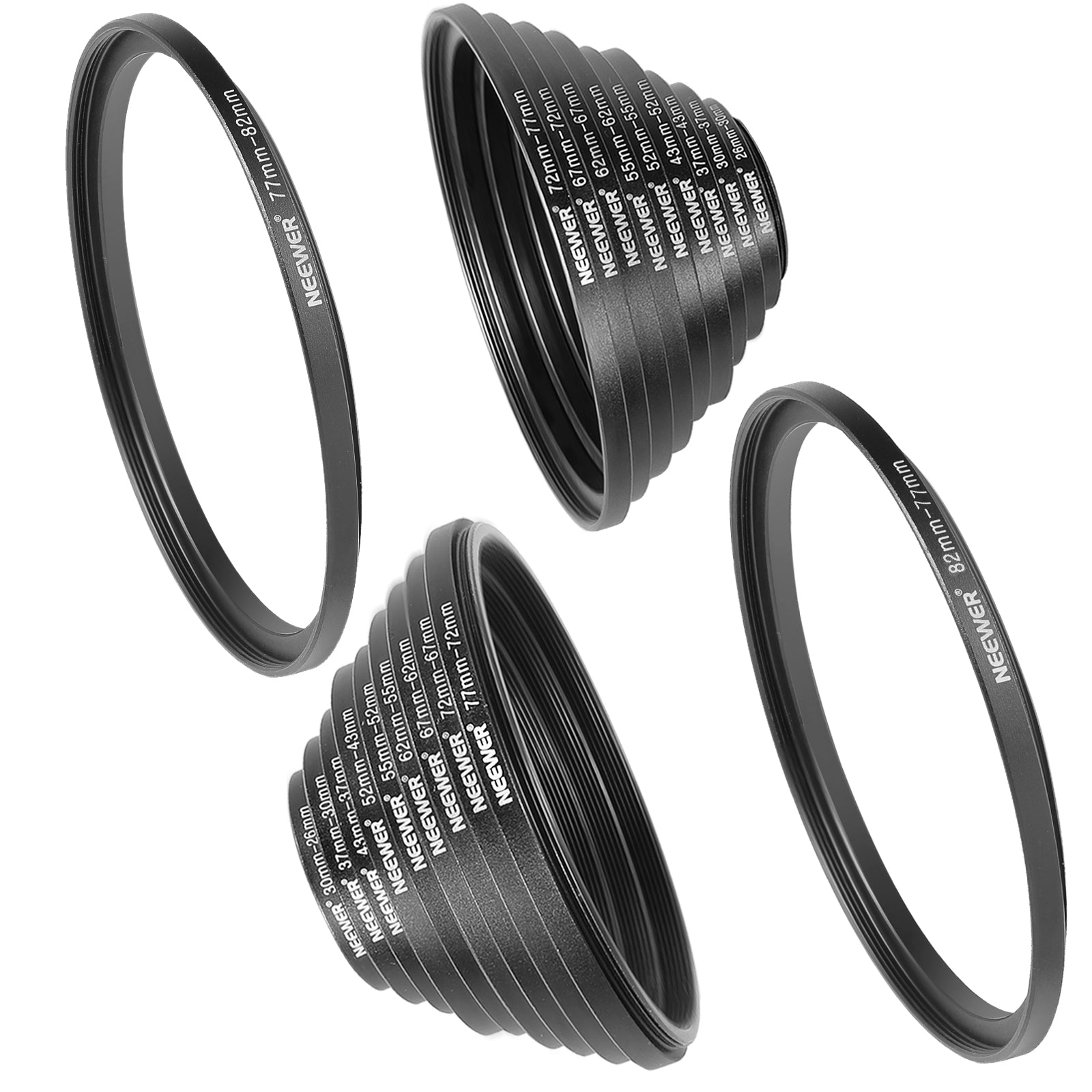 NEEWER 20-Piece Anodized Black Metal Lens Filter Adapter Ring Kit for DSLR & Mirrorless Cameras - Perfect for Photography, Videography & Professional Shooting