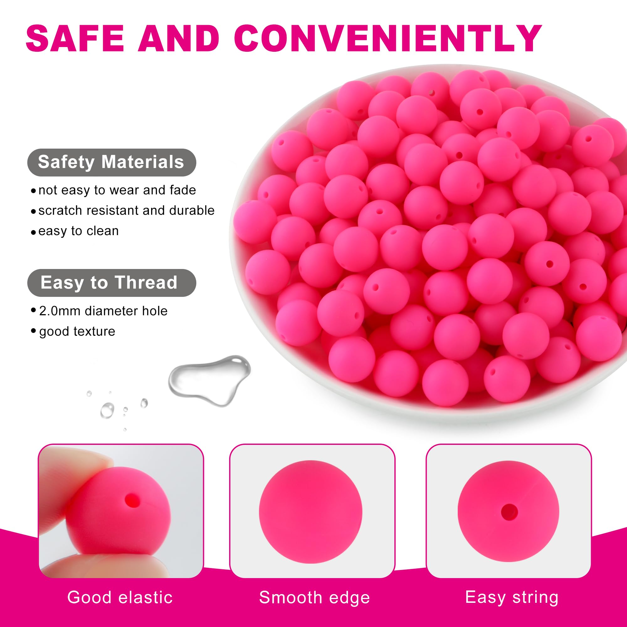 150Pcs 15mm Round Silicone Beads Bulk for DIY Keychains, Bracelets, Necklaces & Pen Decorations - Vibrant Hot Pink Beads for Jewelry Making & Craft Projects - Perfect for Gifts, Party Favors & Creative DIY Accessories