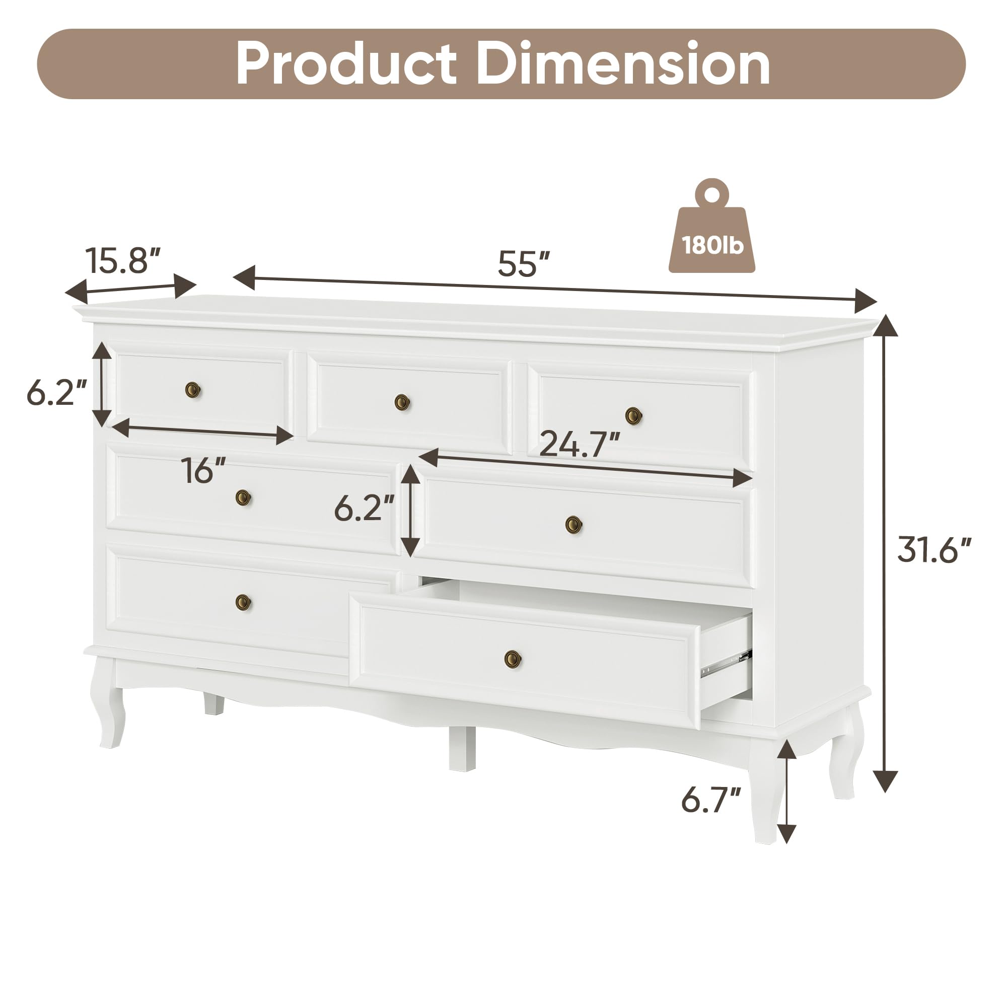 RoyalCraft White 7-Drawer Dresser for Bedroom - Modern Wooden Chest of Drawers with Solid Wood Legs & Painted Finish - Storage Cabinet Organizer for Clothes, Bedding, Accessories - Perfect for Bedroom, Living Room & Hallway Organization