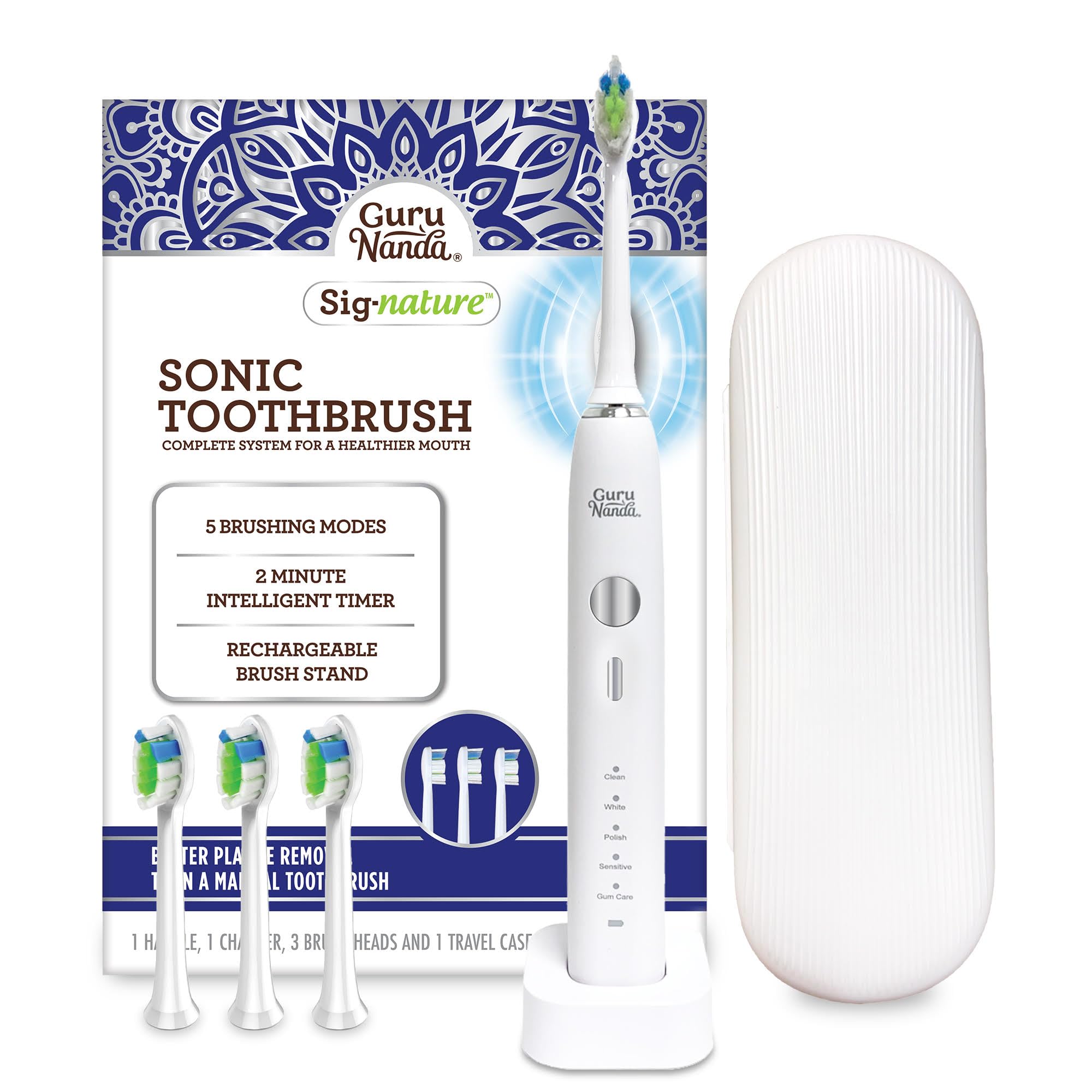 GuruNanda Sonic Electric Toothbrush - Rechargeable Waterproof Toothbrush with 5 Cleaning Modes, Smart Timer, 2 Replacement Brush Heads & Travel Case - Perfect for Home, Travel and Daily Oral Care (White)