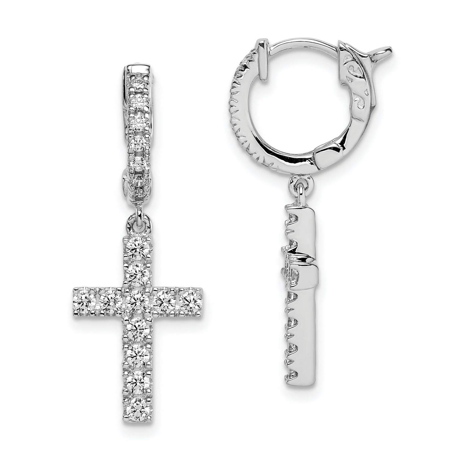 Sterling Silver CZ Hinged Hoop Dangle Cross Earrings 31x11mm - Elegant Religious Jewelry for Women, Perfect for Church, Weddings & Everyday Wear