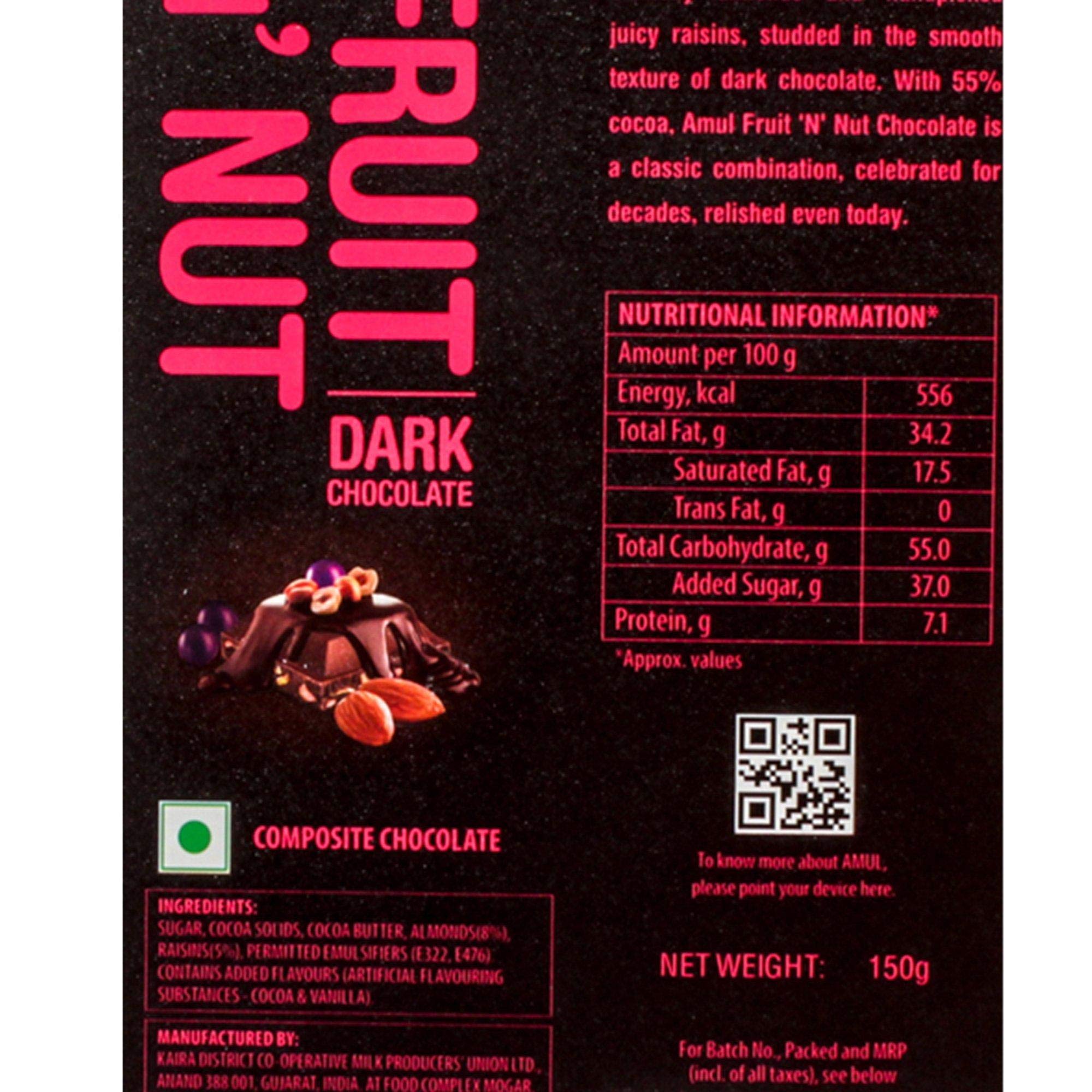 Amul Fruit & Nut Chocolate Bar - 150g (Pack of 4) | Premium Indian Dairy Milk Chocolate with Cashews & Almonds | Perfect for Gifts, Snacking & Dessert Toppings