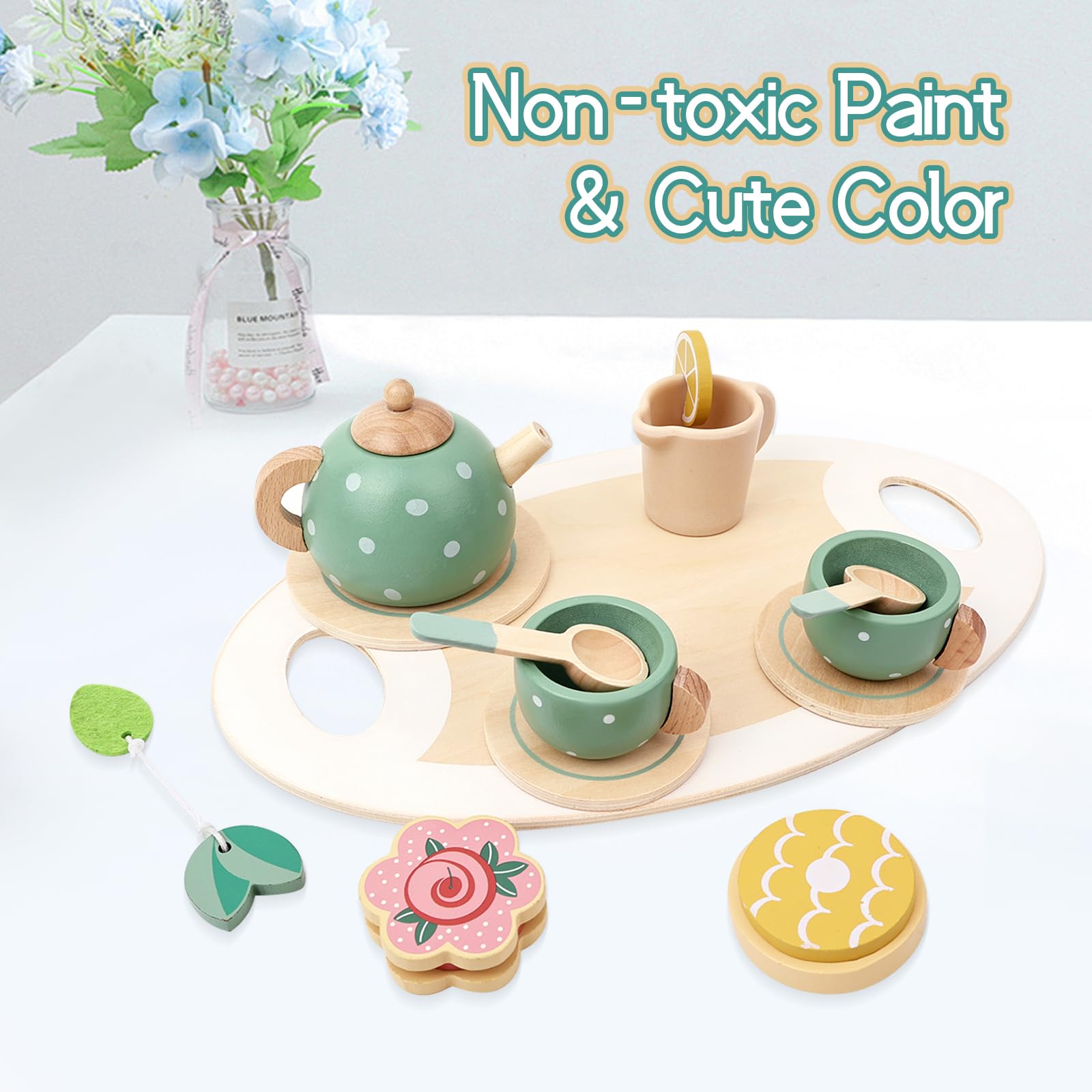 15PCS Wooden Tea Party Set for Toddlers & Little Girls - Pretend Play Tea Set for Ages 2 3 4 - Perfect Birthday Gift & Party Favor - Great for Imaginative Play, Social Skills Development & Preschool Learning