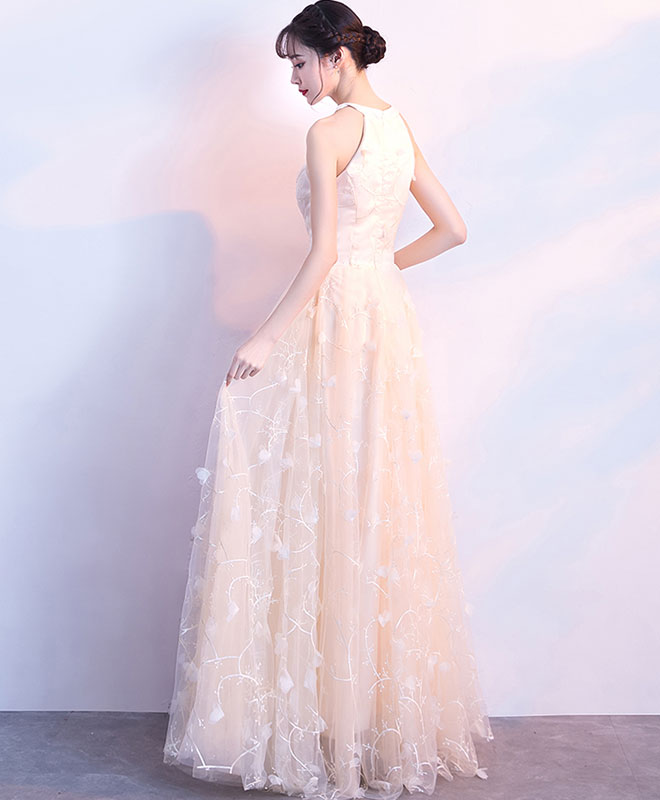 Elegant Champagne Lace Tulle Long Prom Dress for Women - Formal Evening Gown for Homecoming, Ball, Wedding & Special Occasions