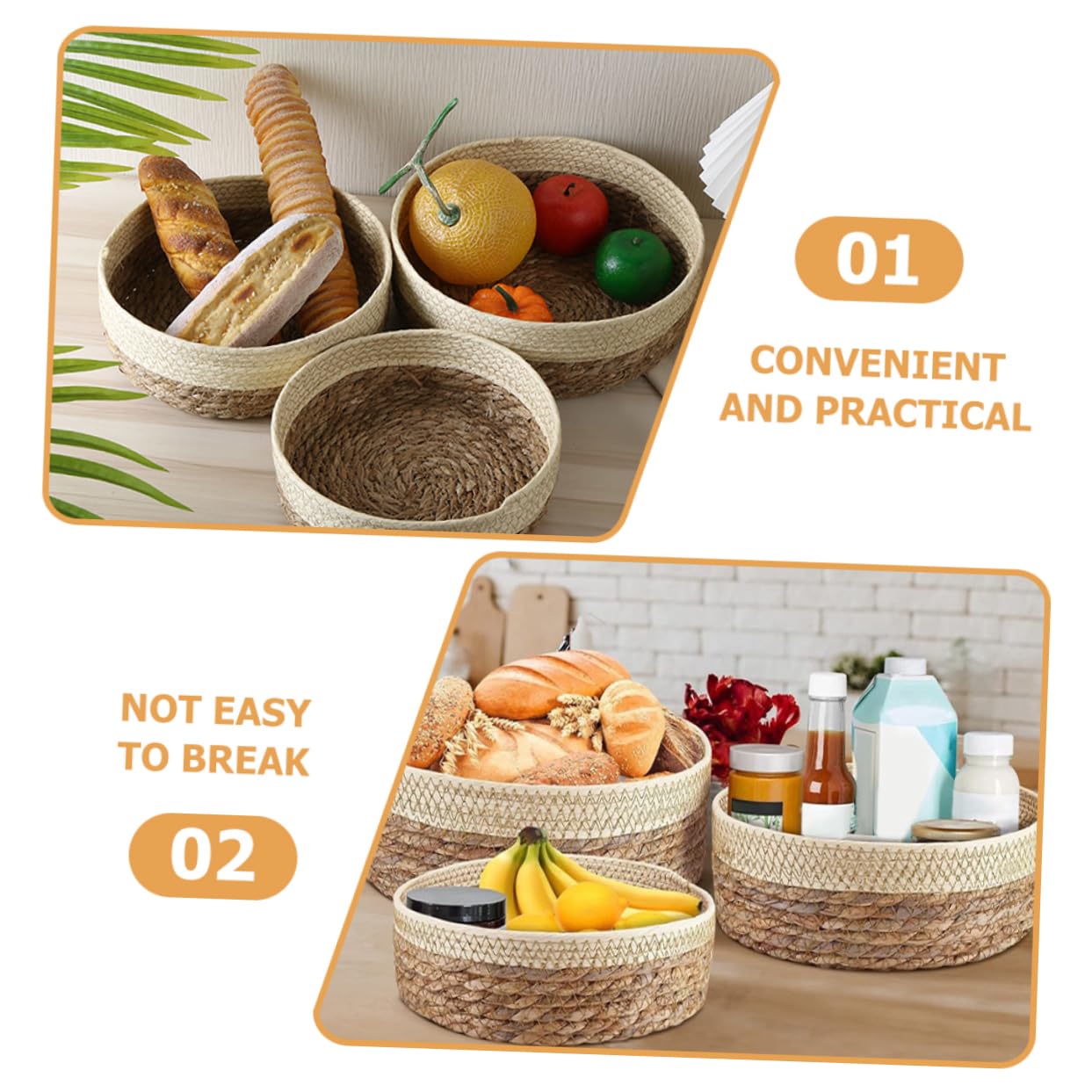 PRETYZOOM Rustic Farmhouse Woven Storage Basket Set - 3-Piece Round Bread & Fruit Basket Collection for Kitchen, Dining Room Decor & Organizing (Natural Fiber, Decorative Storage Boxes) - Perfect for Farmhouse Style Homes, Picnics & Gift Giving