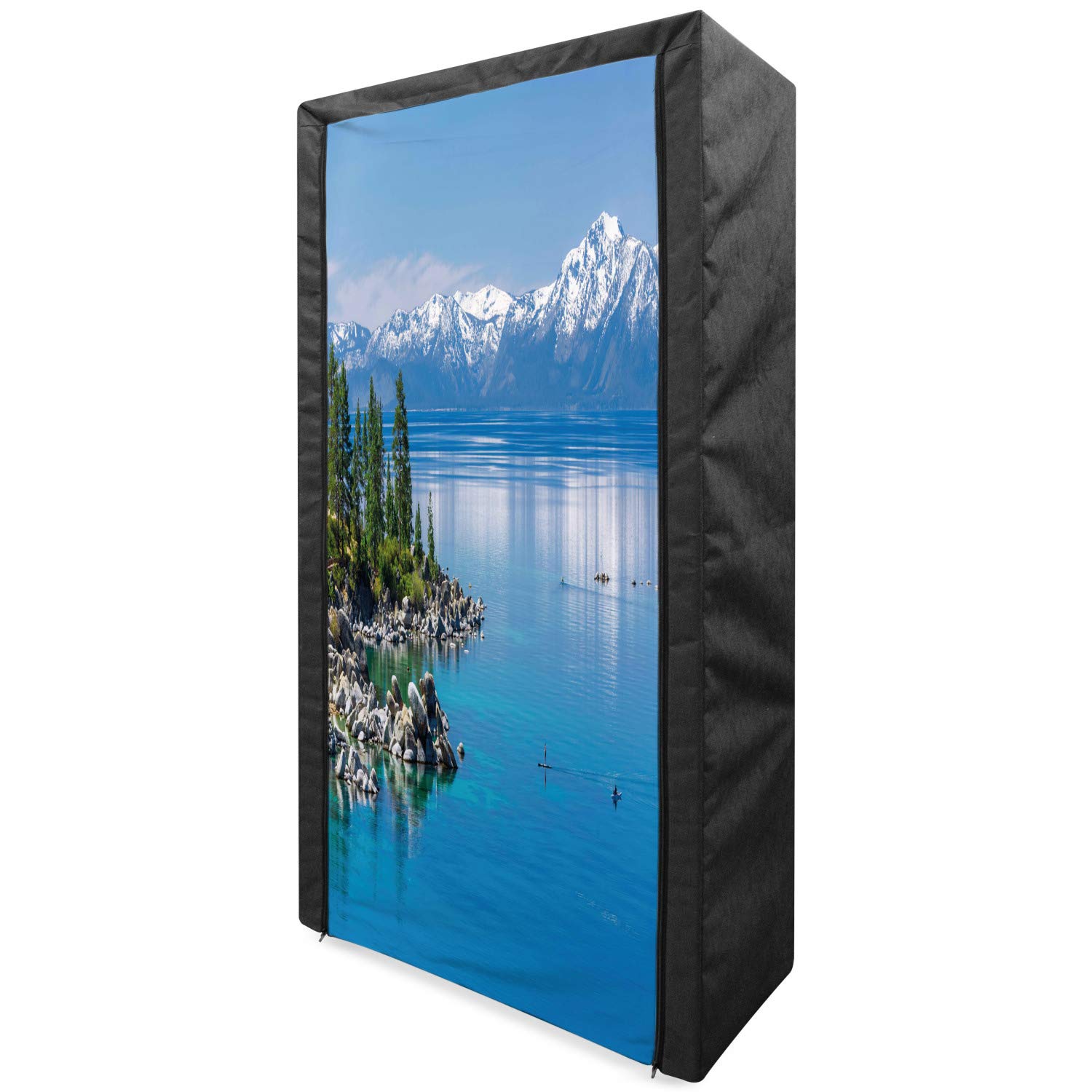 Ambesonne Portable Fabric Wardrobe - Blue Lake Tahoe Landscape with Snowy Mountains & Pine Trees, 33.5