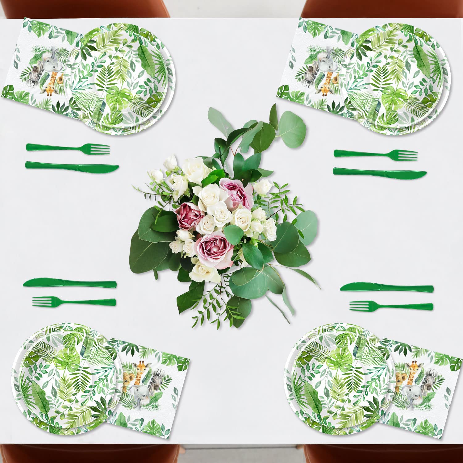 Safari Jungle Theme Party Supplies - 24-Piece Tableware Set with Plates, Cups, Napkins, Cutlery, Tablecloth & Straws | Perfect for Birthday Parties, Baby Showers & Wild Animal Themed Events