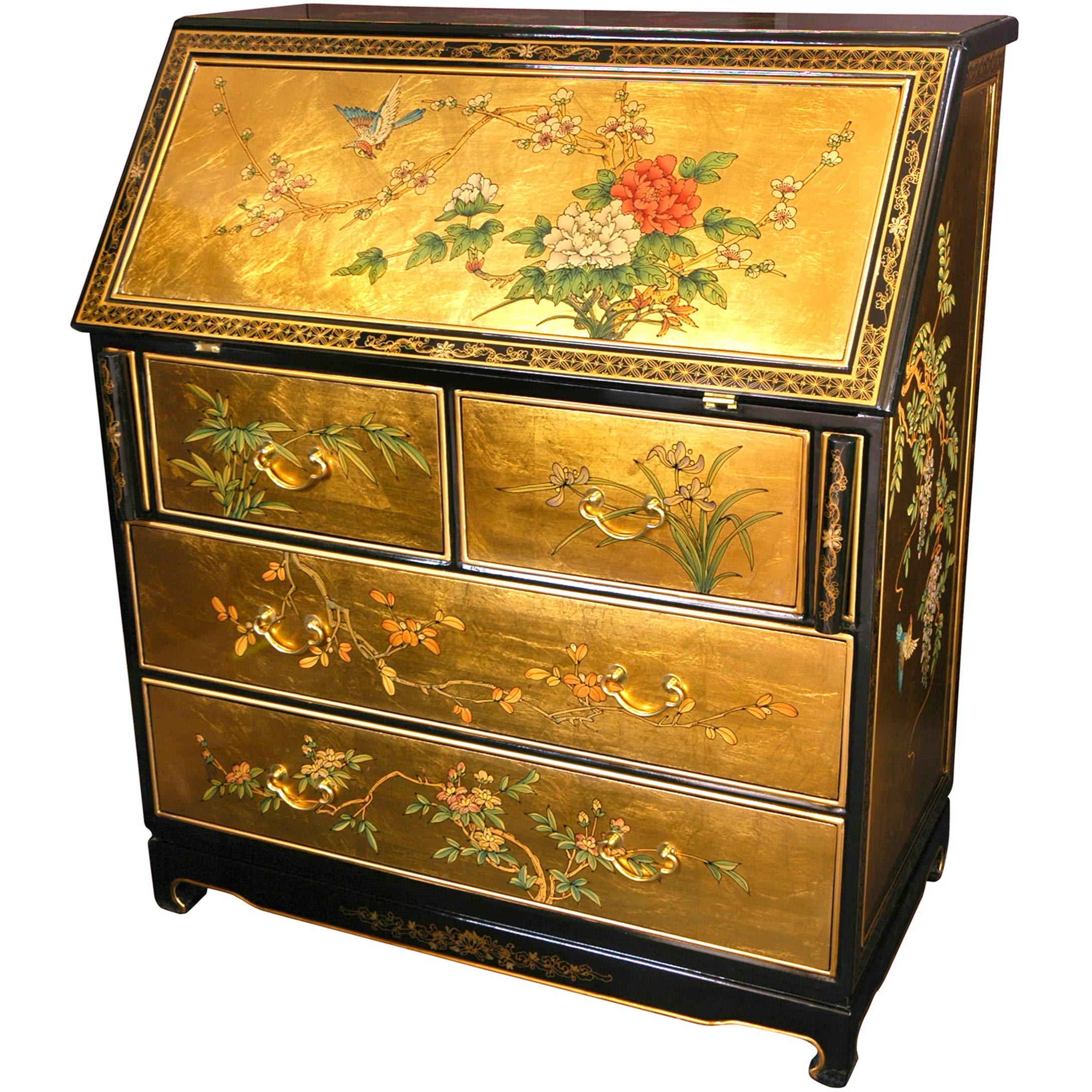 Vintage Red Lantern Gold Leaf Secretary Desk - Antique Writing Desk with Storage for Home Office & Study Room Decor
