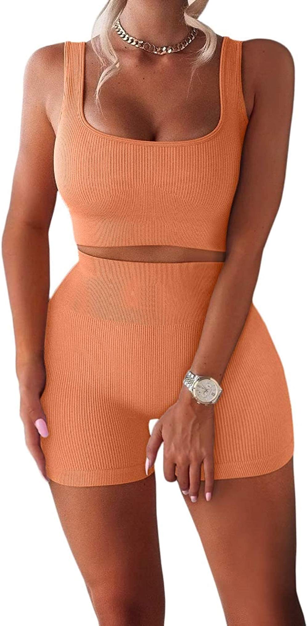 Women's 2-Piece Seamless Ribbed Yoga Outfit - Crop Tank Top & High Waist Shorts Set for Workout, Gym, Running and Lounge Wear