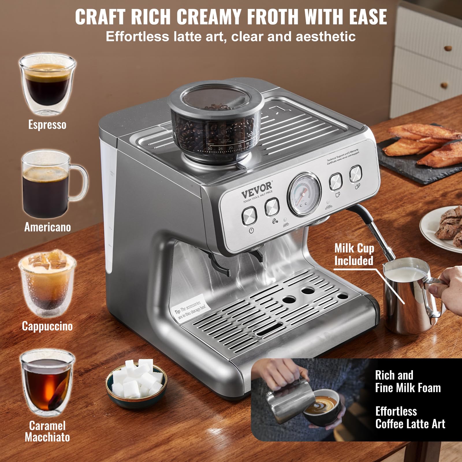 VEVOR 15 Bar Semi-Automatic Espresso Coffee Maker with Built-in Grinder & Milk Frother, Removable Water Tank, PID Control System - Perfect for Home Baristas to Make Cappuccino, Latte, Macchiato - Ideal for Kitchen, Office, Coffee Shop Use