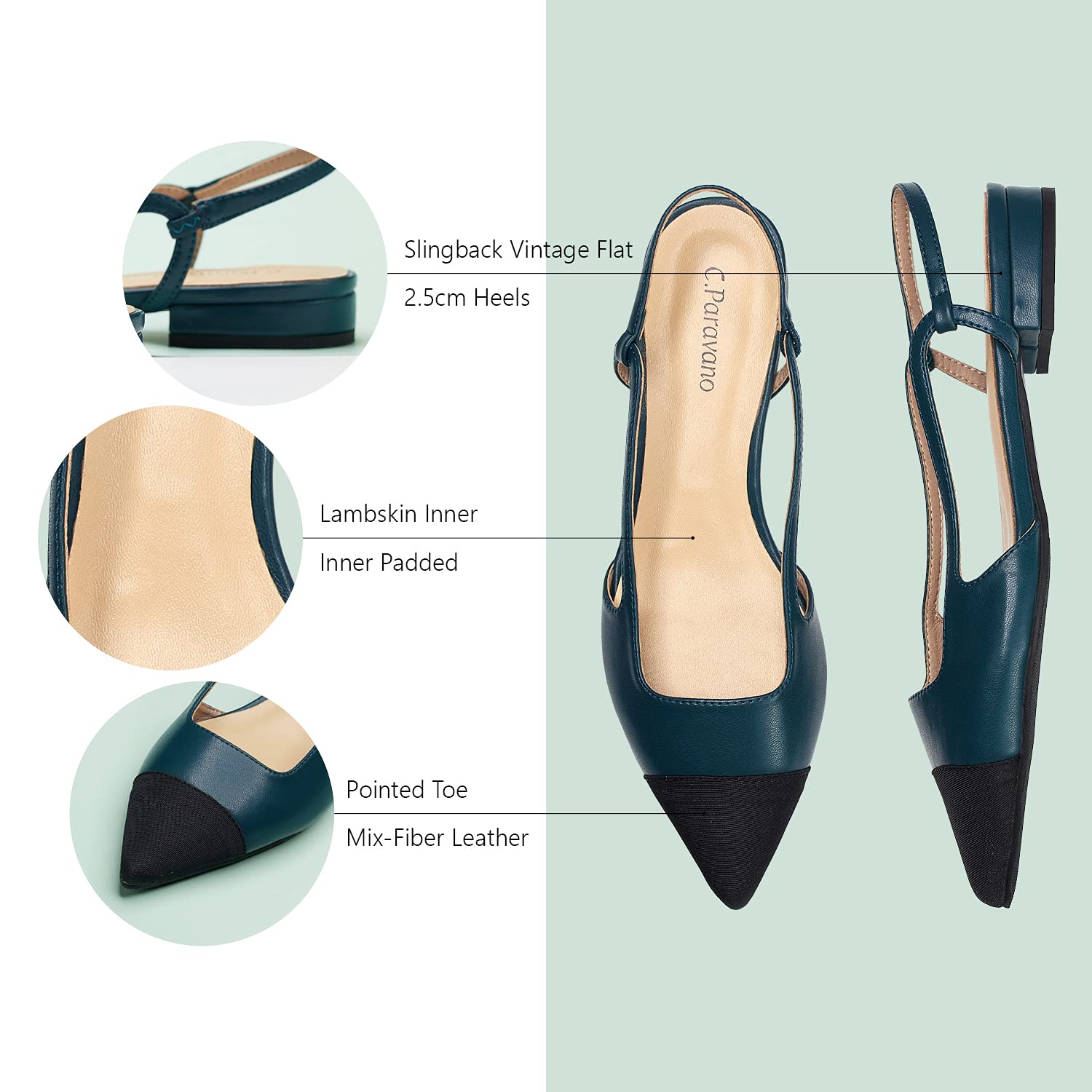 C.Paravano Women's Slingback Pointed Toe Flats - Comfortable Slip-On Dress Shoes & Casual Sandals for Work, Party & Daily Wear (Size 10.5, Blue)