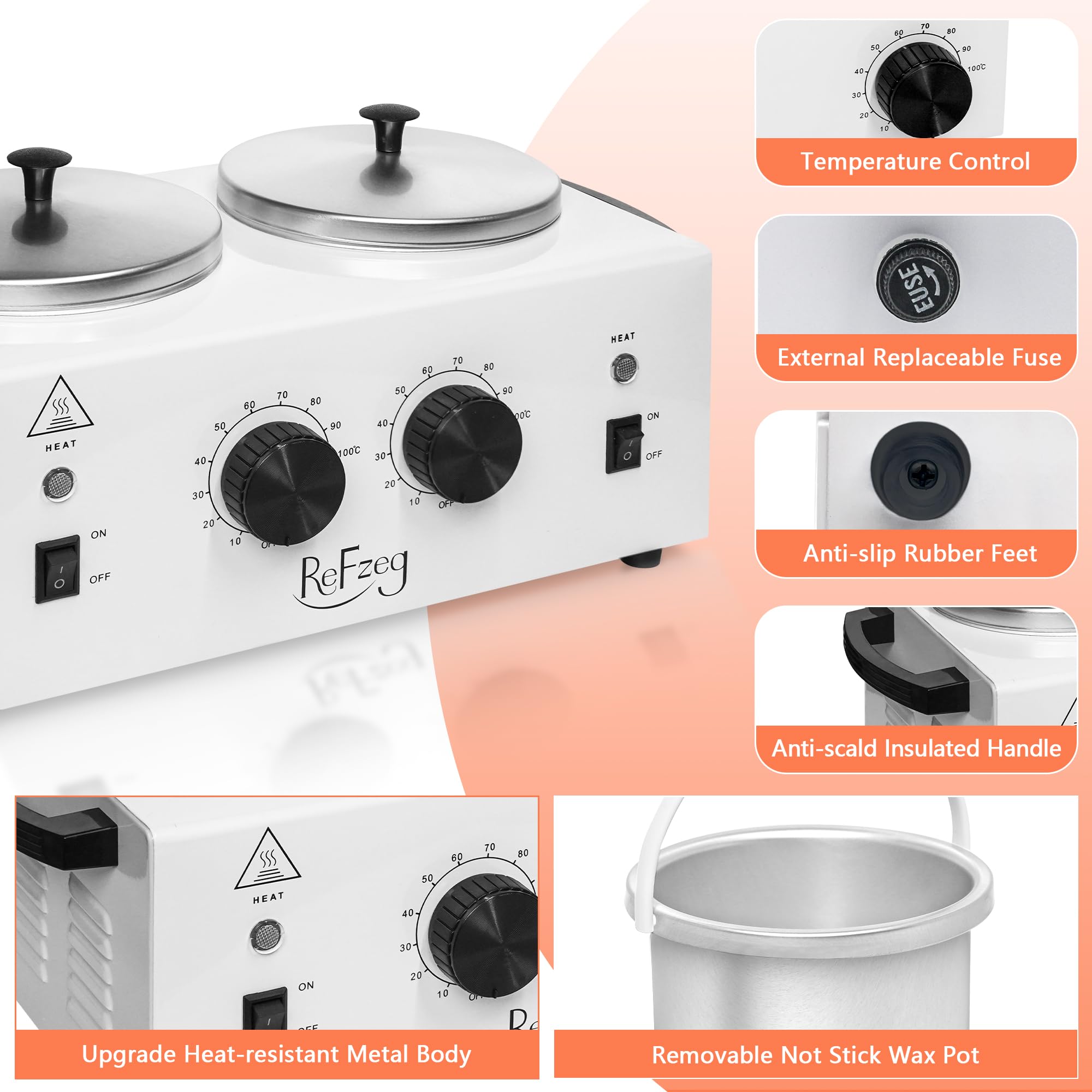 Professional Wax Warmer Double Pot Waxing Kit - Adjustable Temperature Hair Removal Heater Machine with 50 Wax Sticks & 20 Protective Collars for Salon, Spa & Home Use - Painless Hair Removal for Legs, Arms, Bikini & Face