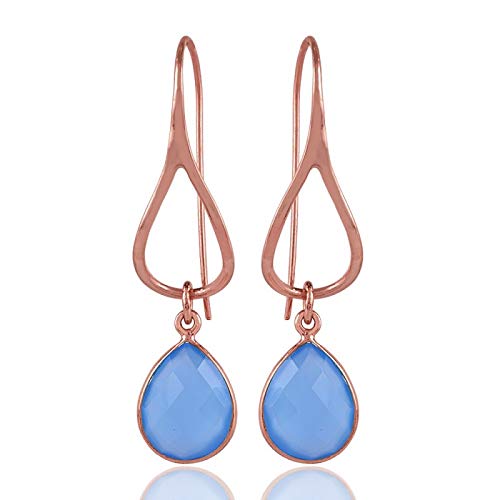 925 Sterling Silver Blue Chalcedony Dangle Earrings for Women - 14K Rose Gold Plated, Hypoallergenic Boho Style with Bezel Set Pear Gemstone | Perfect Christmas Gift, Birthday Present & Everyday Elegant Jewelry