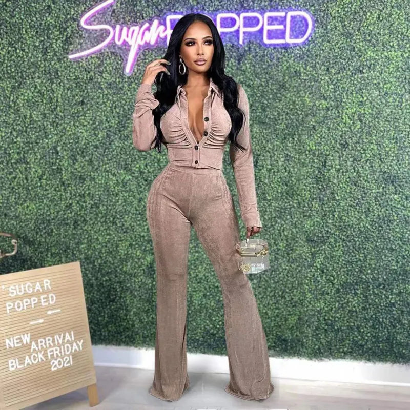 2024 Women's Casual Velvet Two-Piece Set - Elegant Long Sleeve Top & Pants Suit | Spring Fashion Outfit for Work, Dating & Special Occasions