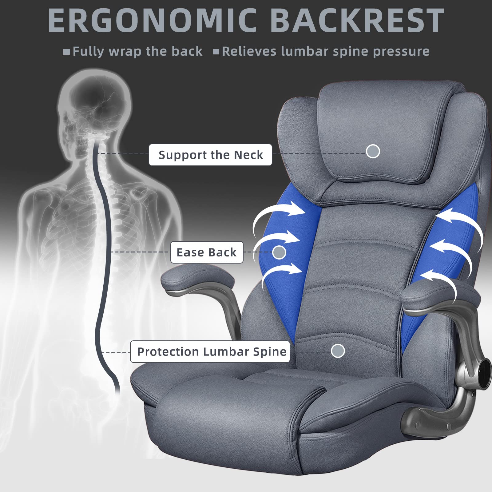 Premium Big and Tall Executive Office Chair for Heavy People up to 400lbs - Wide Seat High Back Leather Desk Chair with Lumbar Support & Adjustable Armrests - Ergonomic Grey/Blue Chair for Home Office, Conference Rooms & Executive Suites