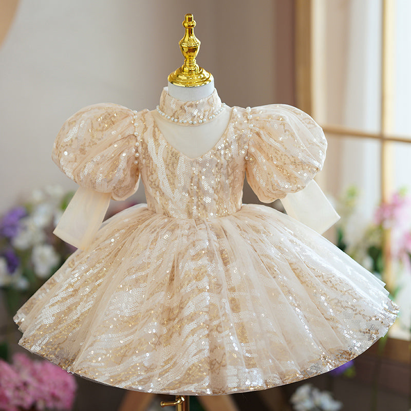 Sparkly Champagne Sequin Flower Girl Dress with Puff Sleeves & Turtle Neck - Perfect for Weddings, Pageants, and Special Occasions