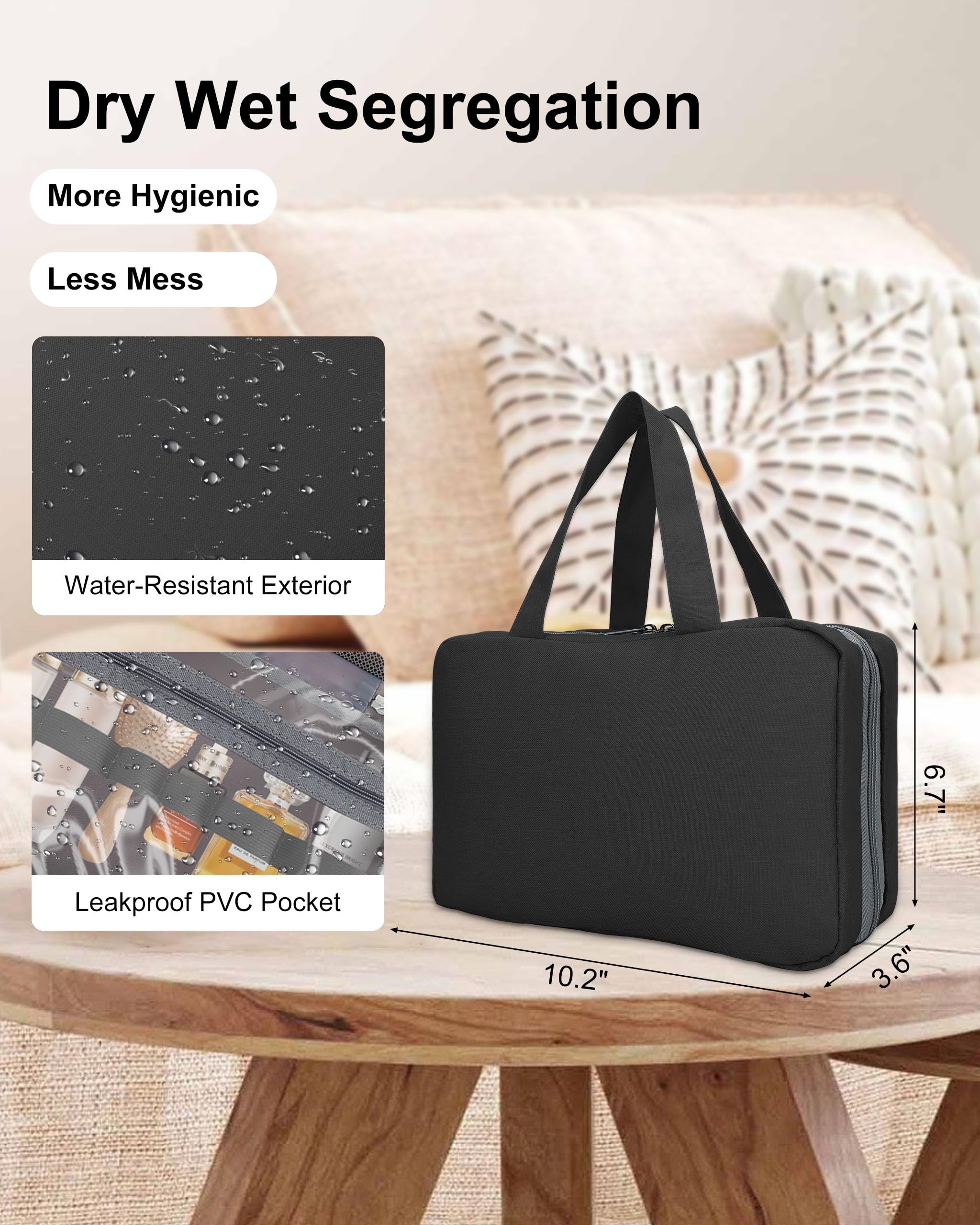 Hanging Travel Toiletry Bag - Large 3-in-1 Waterproof Cosmetic Organizer with Hook for Shampoo, Full-Size Toiletries & Makeup | Perfect for Air Travel, Camping & Gym Essentials (Black)