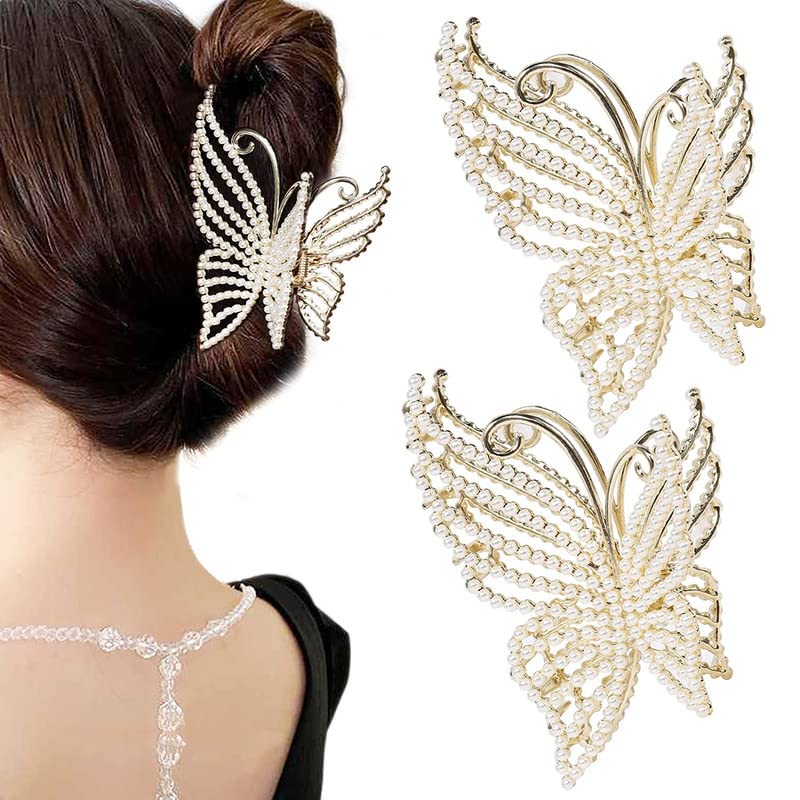 2Pcs Butterfly Pearl Hair Claw Clips - Large Non-Slip Strong Hold Hair Clips with Bling Pearls for Women, Elegant Fairy Hair Accessories for Wedding, Party & Everyday Use