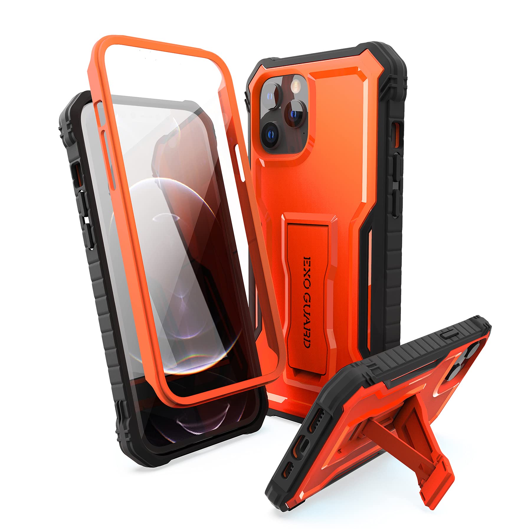 ExoGuard Shockproof Full-Body Case with Built-in Screen Protector & Kickstand for iPhone 12 Pro Max 6.7 Inch - Durable Rubber Cover (Orange) | Perfect for Outdoor Activities, Work & Travel Protection