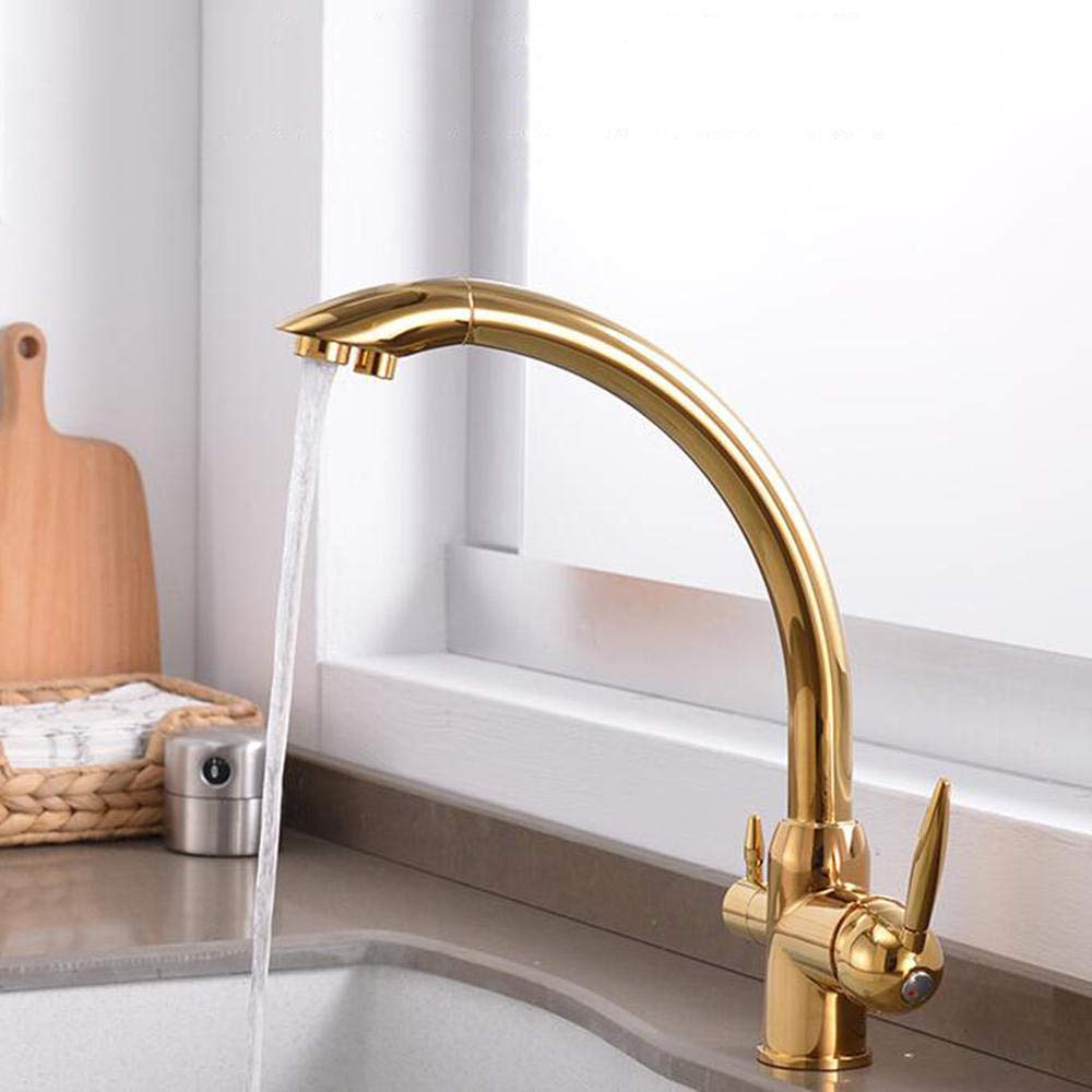 3-Way Brass Kitchen Faucet with Water Filter - Hot & Cold Rotatable Drinking Water Purification Tap for Sink (Golden) - Perfect for Modern Kitchens & Direct Drinking Water Access