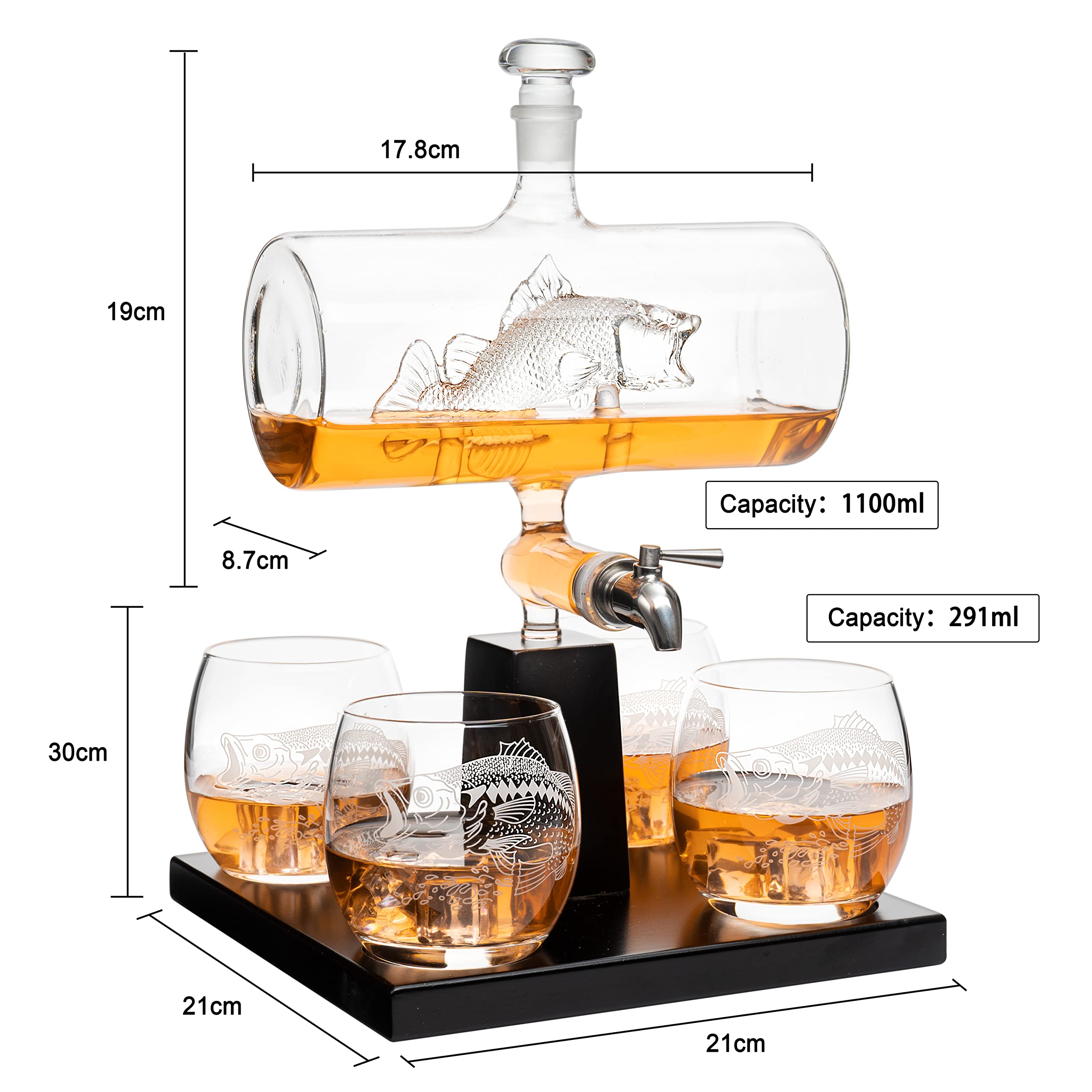 Premium 1100ml Bass Fish Wine & Whiskey Decanter Set with 4 Matching Glasses - Unique Fishing & Boating Gift for Men, Scotch & Bourbon Drink Dispenser - Perfect for Father's Day, Birthday & Outdoor Enthusiasts