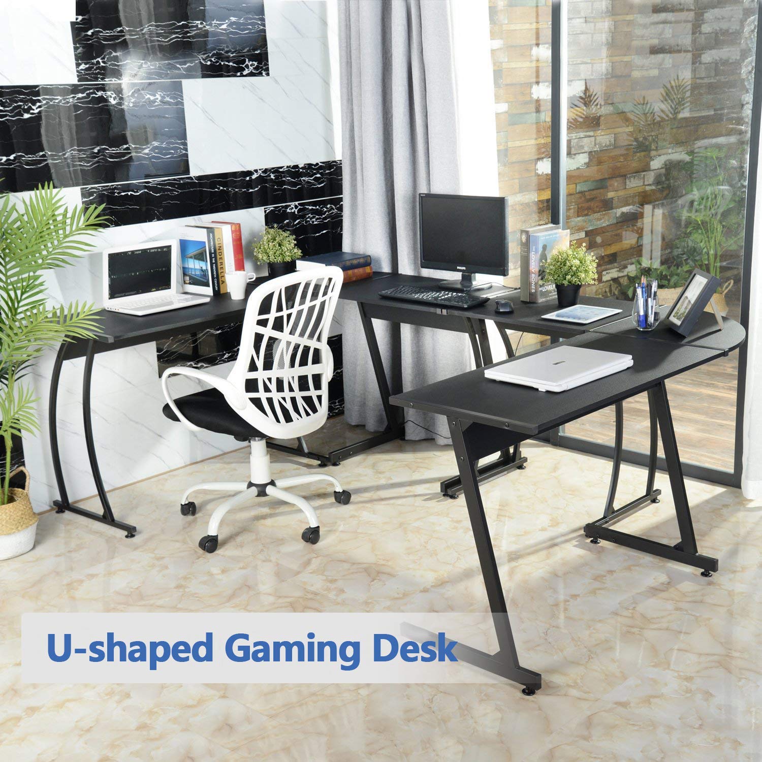 L-Shaped Desk Corner Computer Workstation - Ergonomic Home Office Desk for Laptop, Study & Writing - Space-Saving Black Design for Small Rooms & Apartments