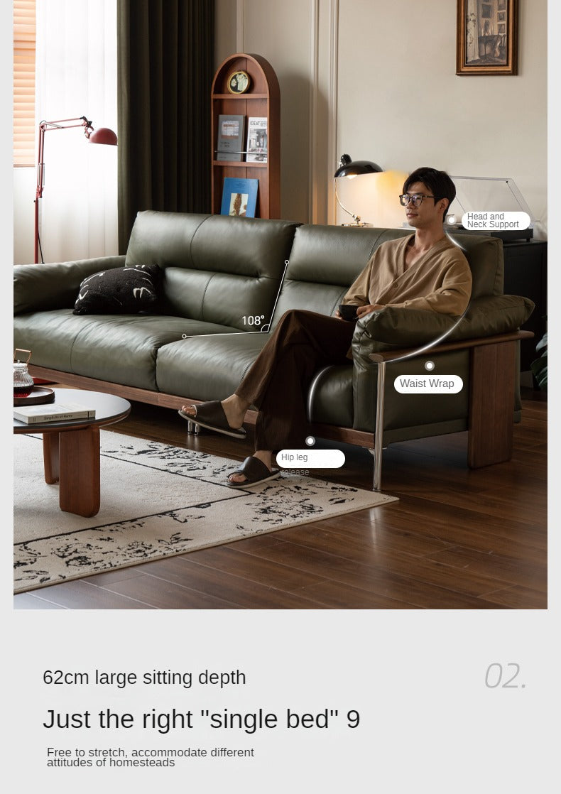 Premium Black Walnut Solid Wood Italian Leather Sofa - Modern Luxury Living Room Furniture for Home & Office Comfort