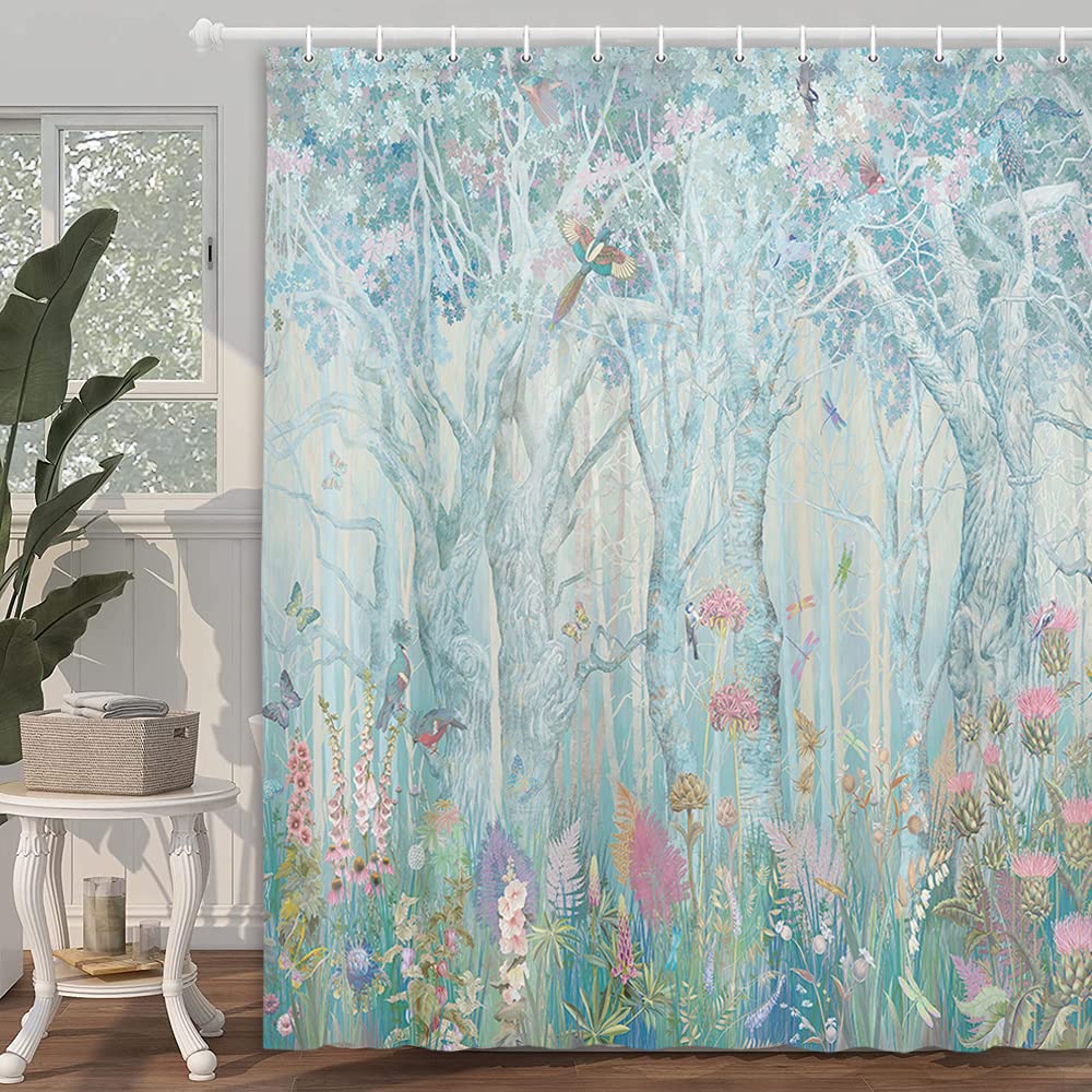 Enchanted Forest Shower Curtain - Vibrant Fairytale Woodland Jungle Design with Trees, Birds & Flowers | 69x75 Inch Waterproof Fabric Bathroom Decor for Christmas & Everyday Use | Includes Hooks for Easy Installation
