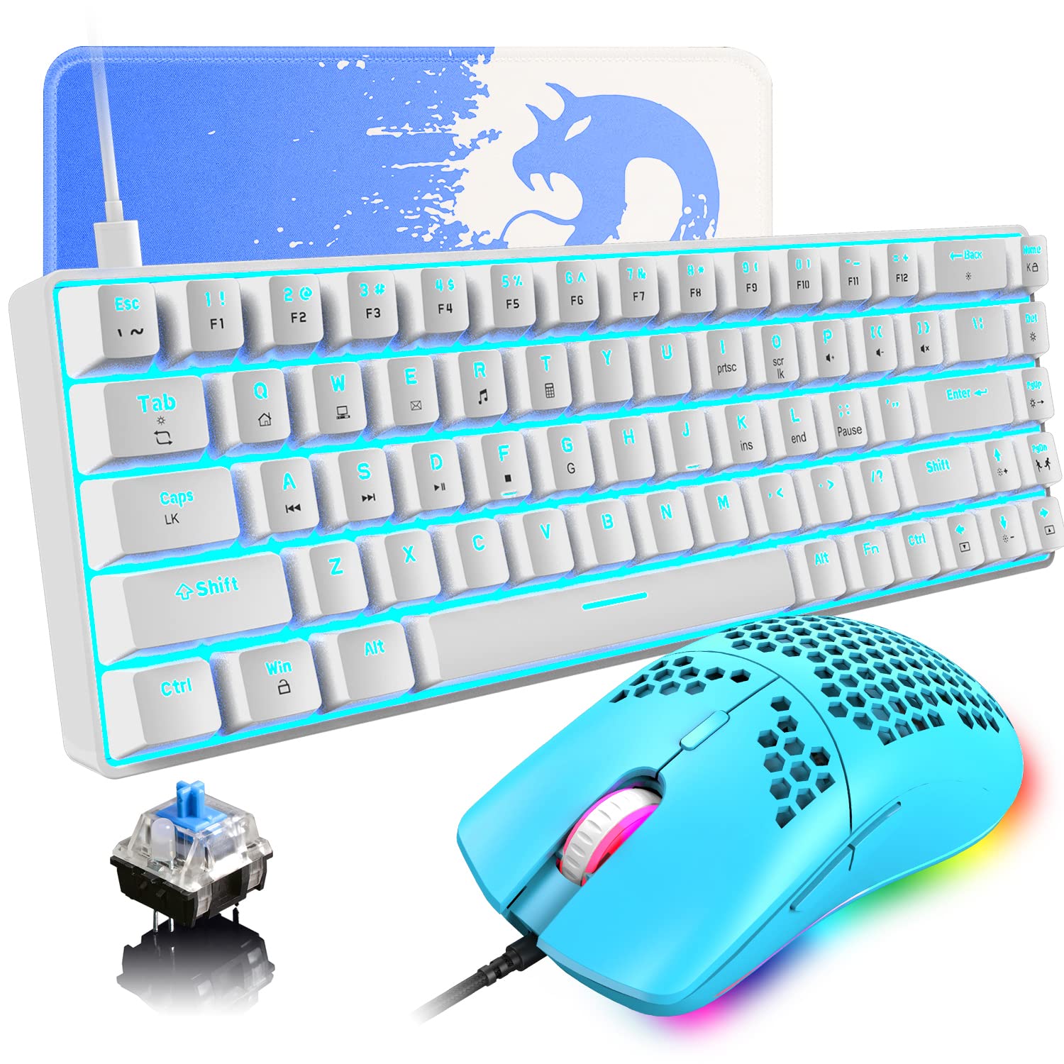 60% Blue Switch Gaming Keyboard & Mouse Set - 68 Keys, 6400DPI for PC/Mac/PS4