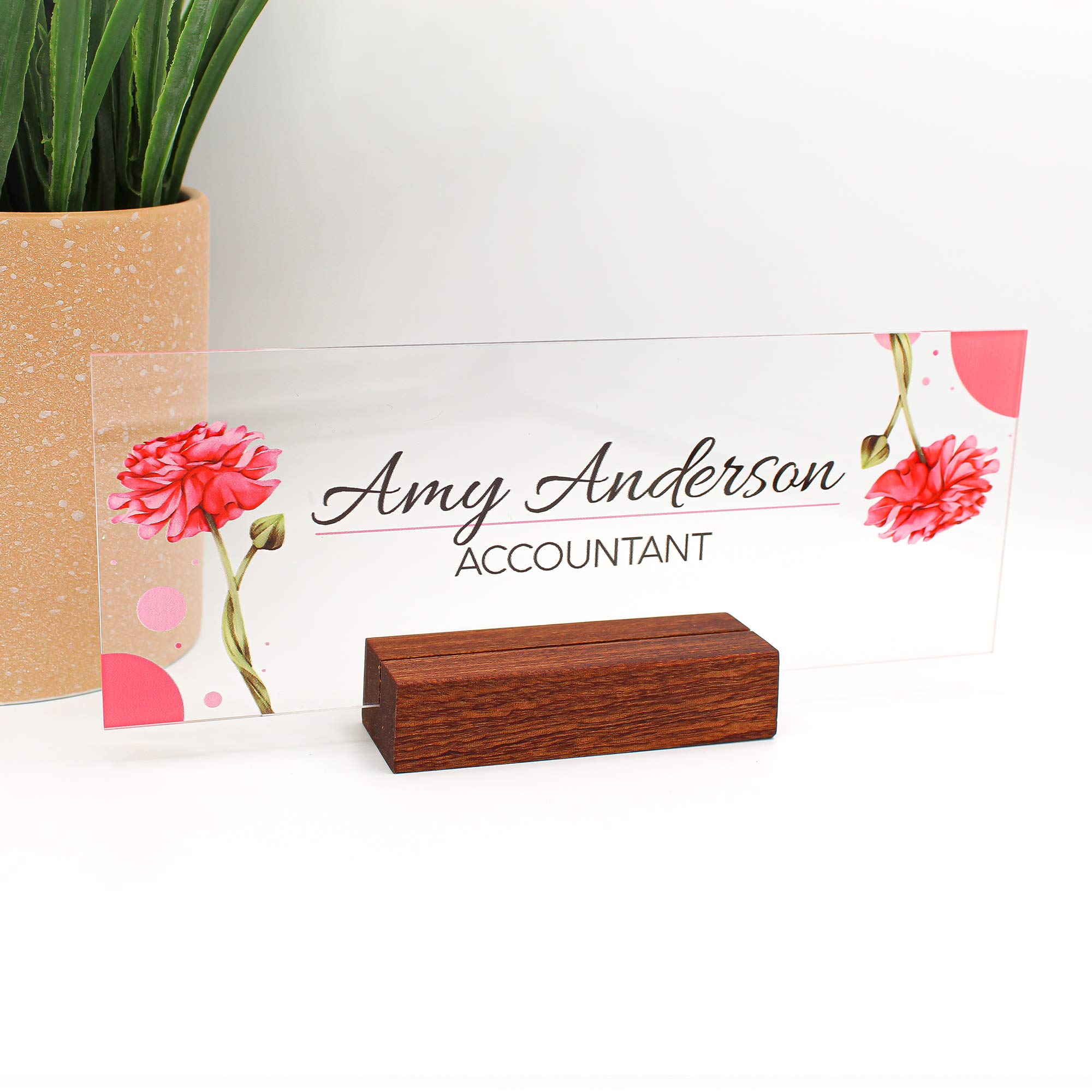 Custom Engraved Business Desk Name Plate - Personalized Office Name Sign with Pink Floral Design for Professional Workspaces & Home Offices