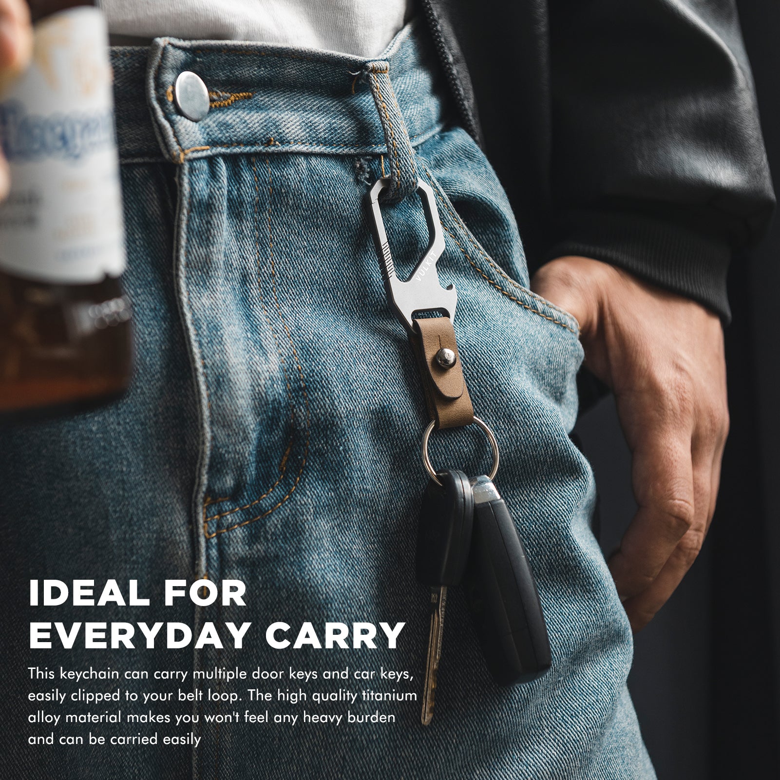 VKC100 Titanium Leather Belt Loop Keychain with Bottle Opener & EDC Carabiner Key Ring - Durable Multi-Tool for Outdoor, Hiking, Camping & Everyday Carry (EDC) Accessories