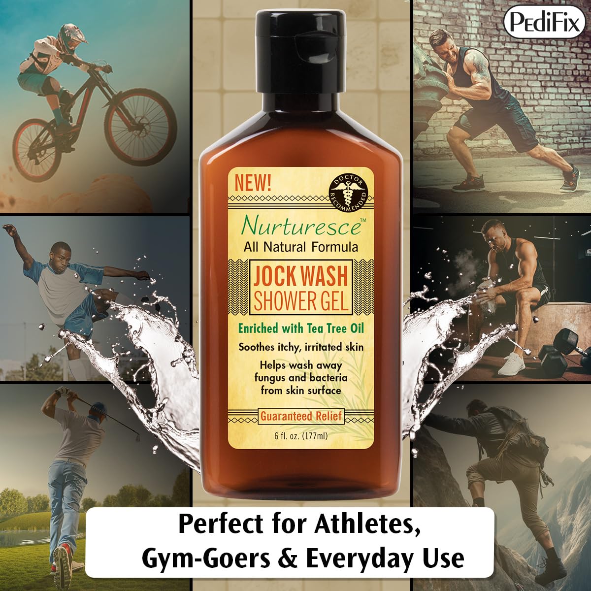**PediFix Nurturesce Jock Wash Shower Gel - 6 oz Tea Tree Oil Body Wash for Men, Anti-Fungal & Itch Relief, Soothes Irritated Skin, Natural Ingredients (Packaging May Vary) - Ideal for Athletes & Active Lifestyles**
