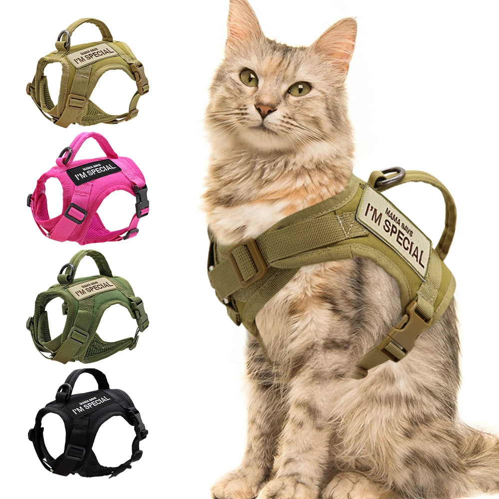 Military Tactical Cat Harness Vest with Adjustable Straps & Reflective Stickers - Escape Proof Pet Safety Gear for Outdoor Adventures, Hiking & Camping