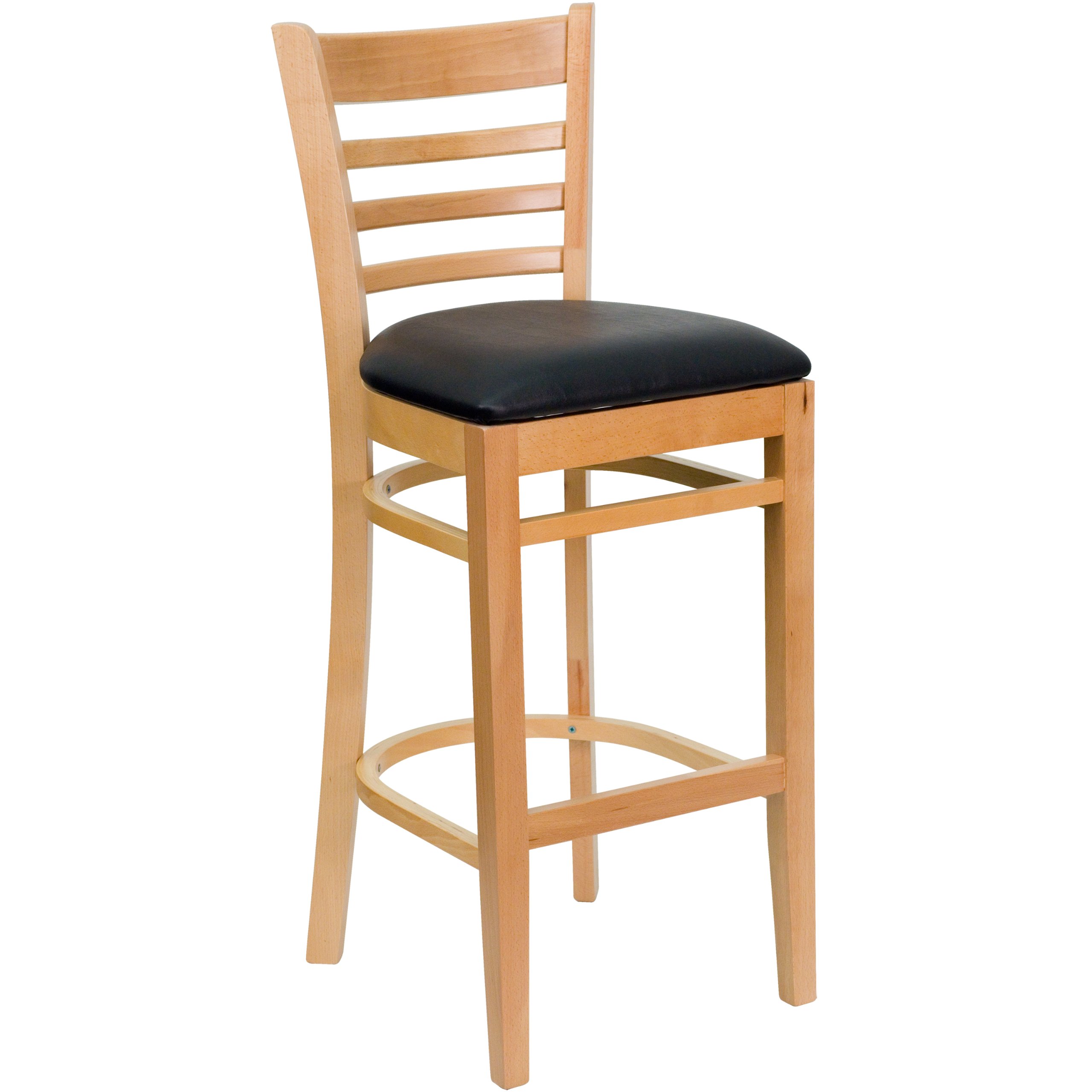 EMMA + OLIVER Natural Wood Ladder Back Bar Stool with Black Vinyl Seat - Perfect for Kitchen Islands, Breakfast Bars & Home Decor