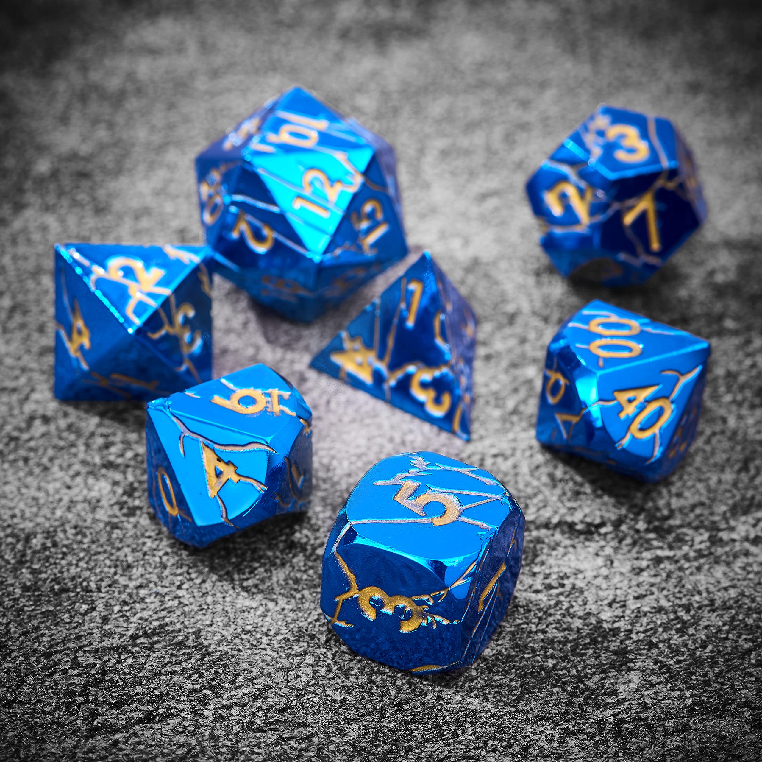 DND Metal Dice Set - Cracked Lightning Blue & Gold RPG Dice for Dungeons & Dragons - Premium Polyhedral D&D Dice with Unique Cracked Design - Perfect for Tabletop Gaming, RPG Campaigns & Collectors