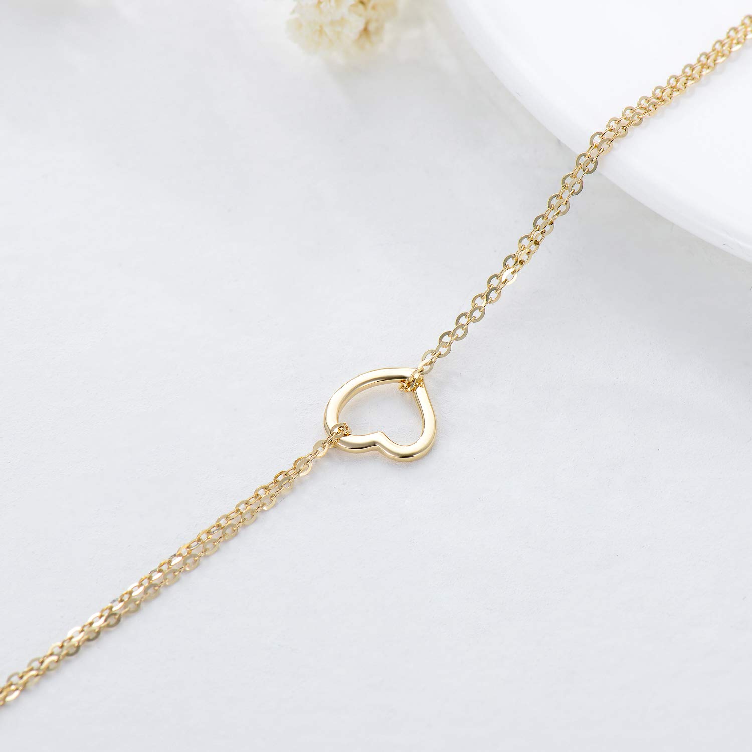 14K Yellow Gold Heart Bracelet for Women - Real Gold Double Chain Love Bracelet, Anniversary Gift for Her, Wife, Mom - Adjustable 6.5