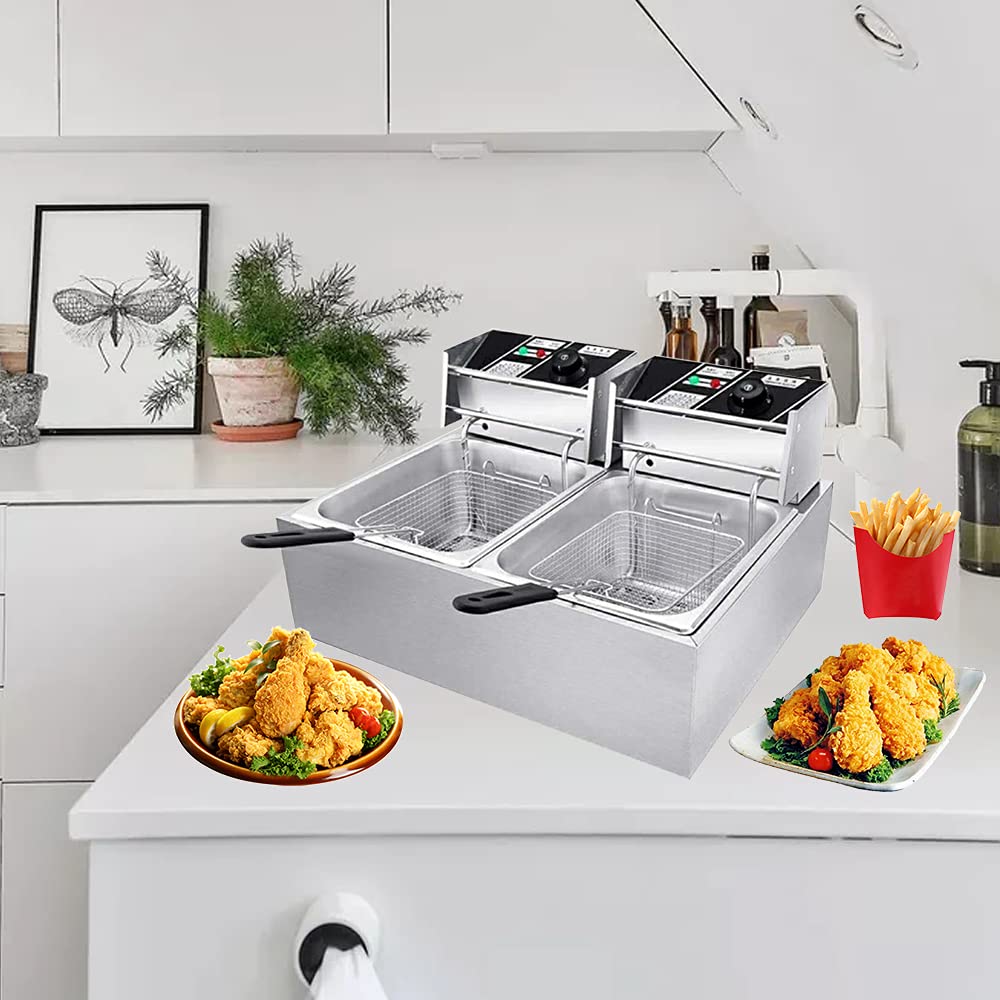 Commercial Electric Deep Fryer - Stainless Steel Kitchen Fryer Machine with Basket & Lid for Turkey, French Fries, Donuts (2 Tanks) - Perfect for Restaurants, Food Trucks & Home Cooking