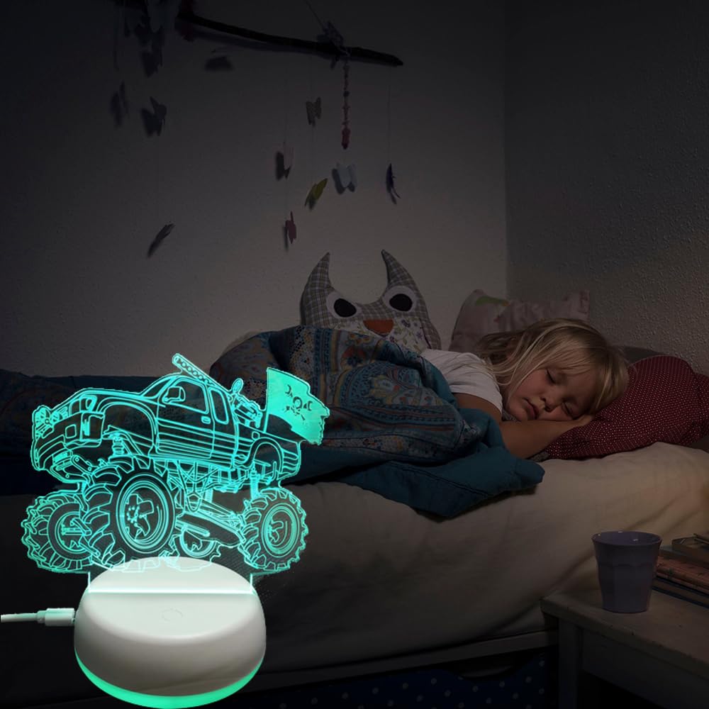 3D Monster Truck Illusion Night Light - Kids Bedside Lamp with White Base, Cool Desk Decor for Bedroom, Office, Store - Unique Christmas Gift for Boys, Girls, Men & Women | Perfect for Night Lights, Room Decor, Birthday Presents and Holiday Gifting