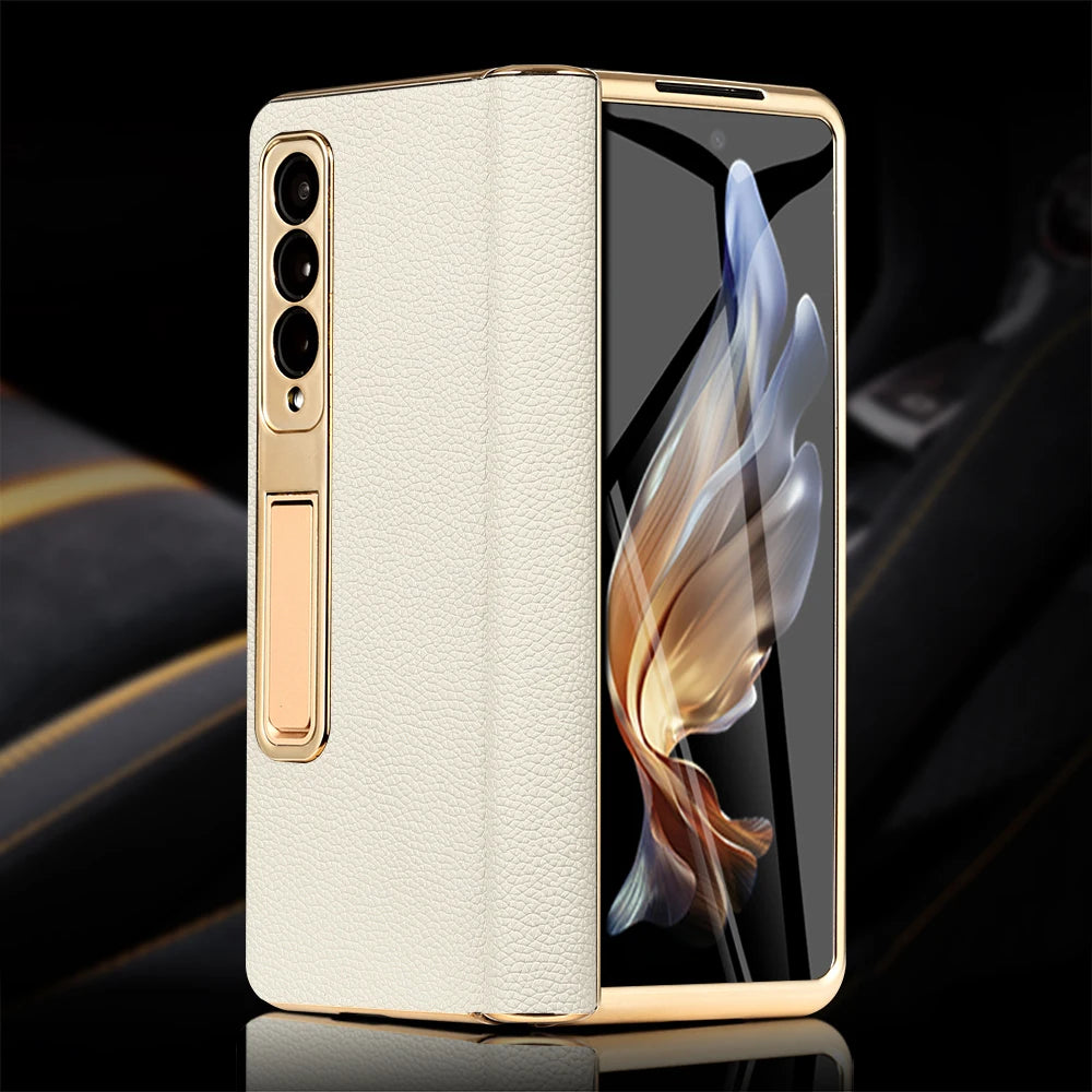 Premium Real Leather Phone Case for Samsung Galaxy Z Fold 6 with Hinge Kickstand - Slim Protective Cover for Work, Travel & Everyday Use