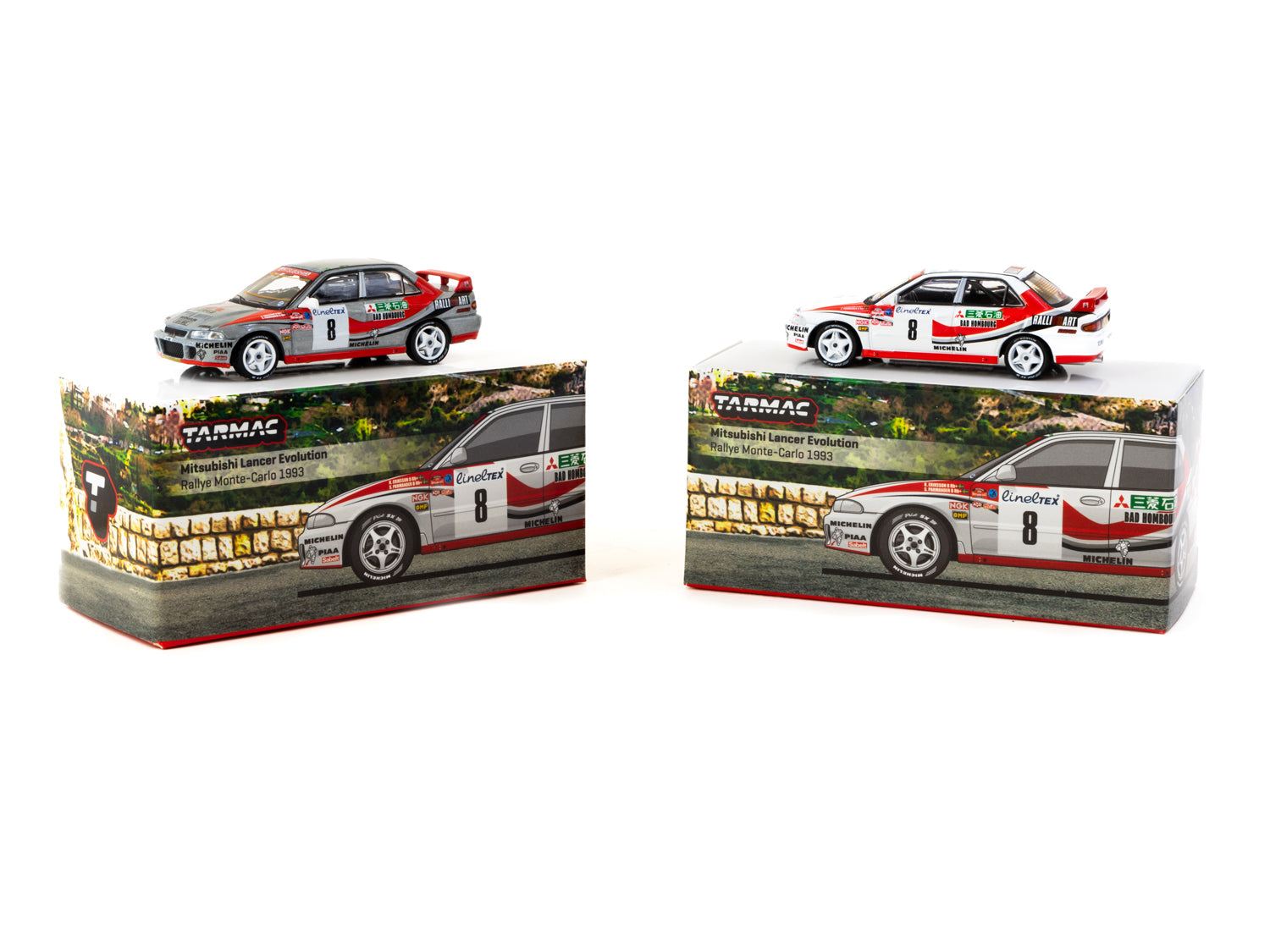 Tarmac Works 1/64 Scale Mitsubishi Lancer Evolution Rallye Monte Carlo 1993 #8 Diecast Model Car - Collectible Miniature for Racing Fans & Display Enthusiasts