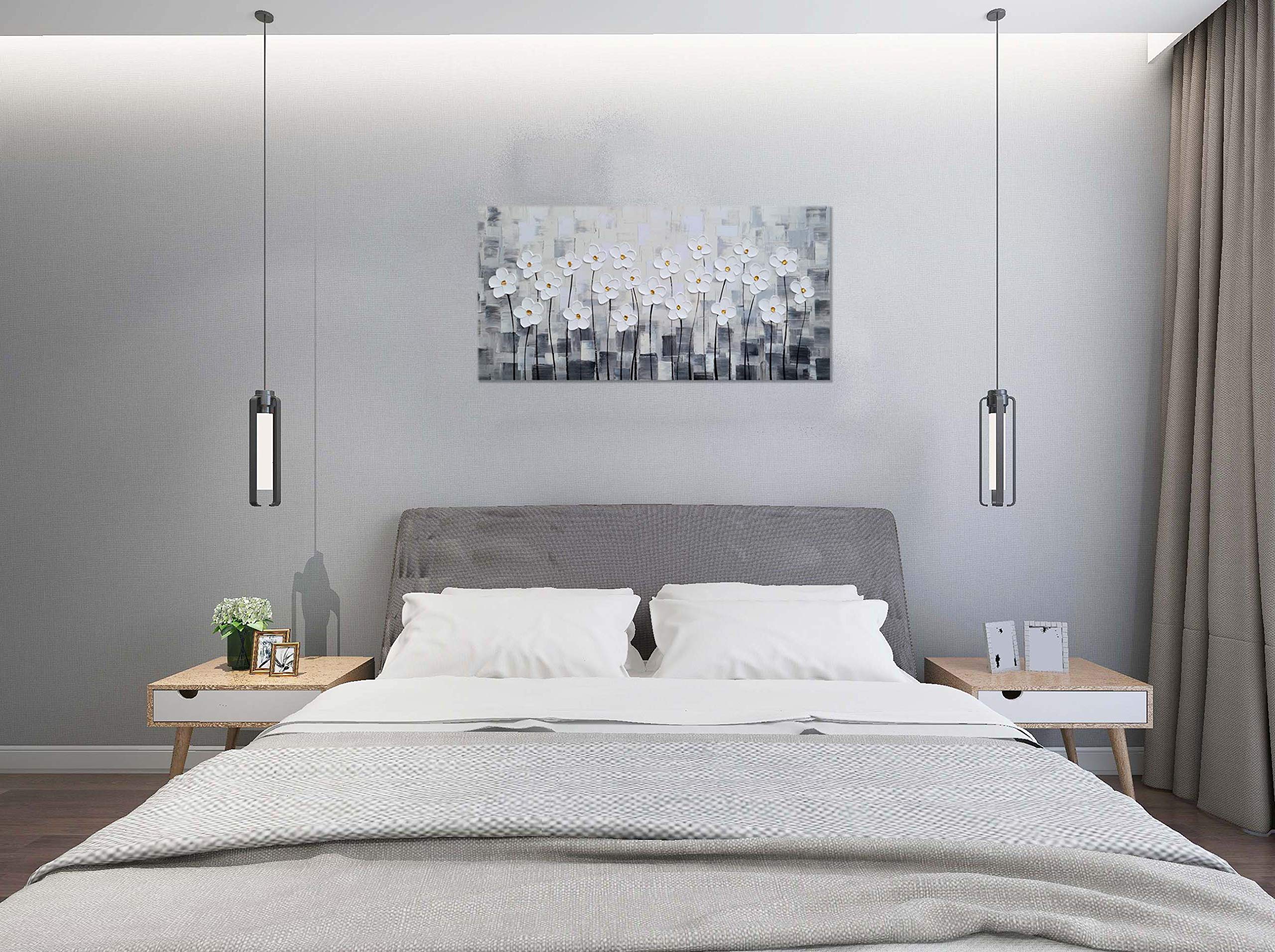 SYGALLERIER White Floral Canvas Wall Art - Hand Painted 3D Modern Abstract Painting - Grey and White Pictures for Living Room, Bedroom, Office & Home Decor - Perfect for Modern Interior Design & Wall Decoration