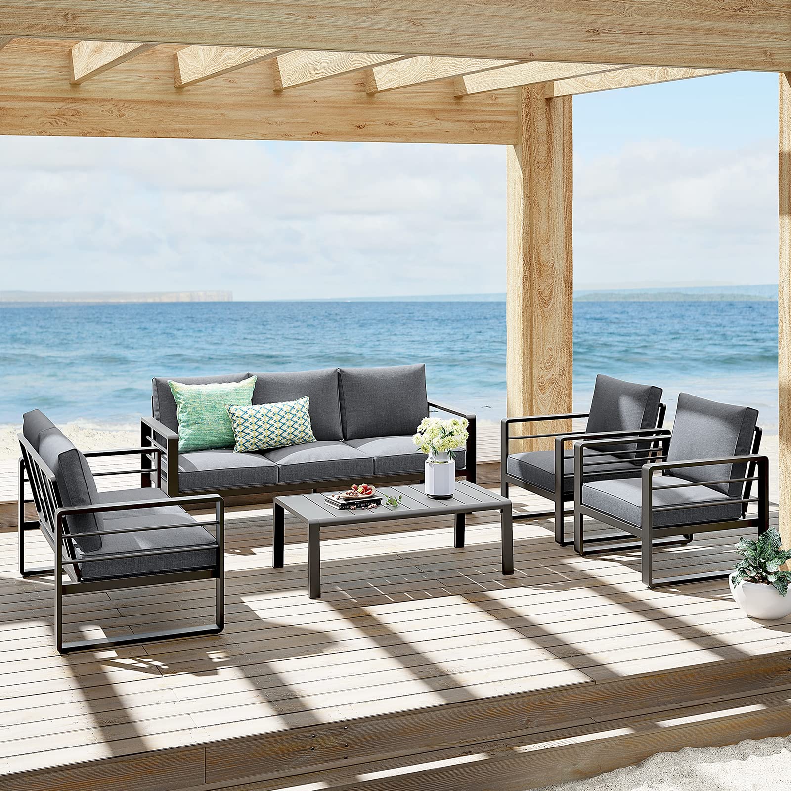 Aluminum Patio Furniture Set - 2-Seater Outdoor Loveseat Sofa with Olefin Cushions, All-Weather Dark Grey Metal Chairs, 600 lbs Weight Capacity for Deck, Garden & Backyard Relaxation