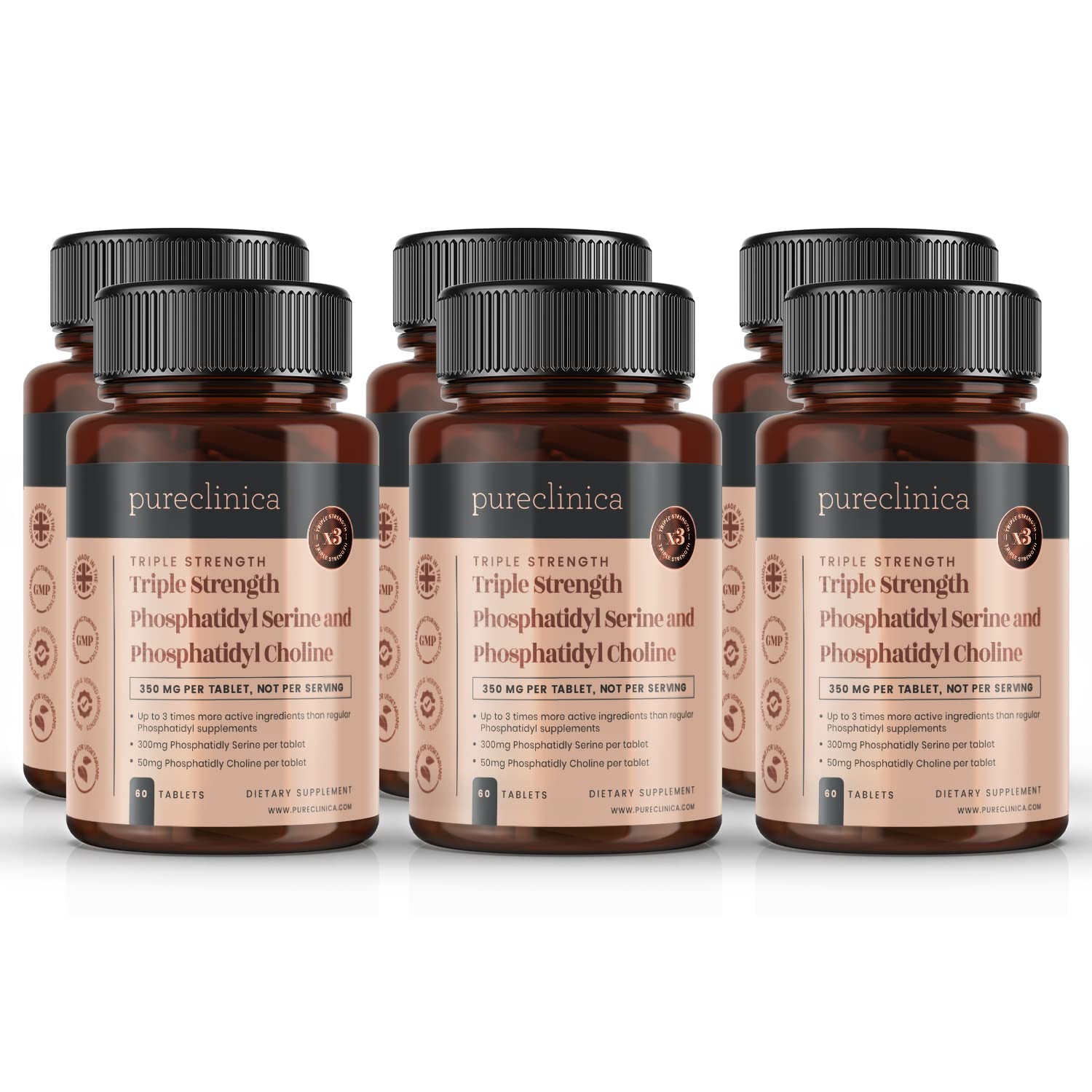 Triple Strength Phosphatidylserine & Phosphatidylcholine Supplement - 360 Tablets (6 x 60ct Bottles) for Brain Health, Memory & Focus Support - Ideal for Students, Professionals & Seniors